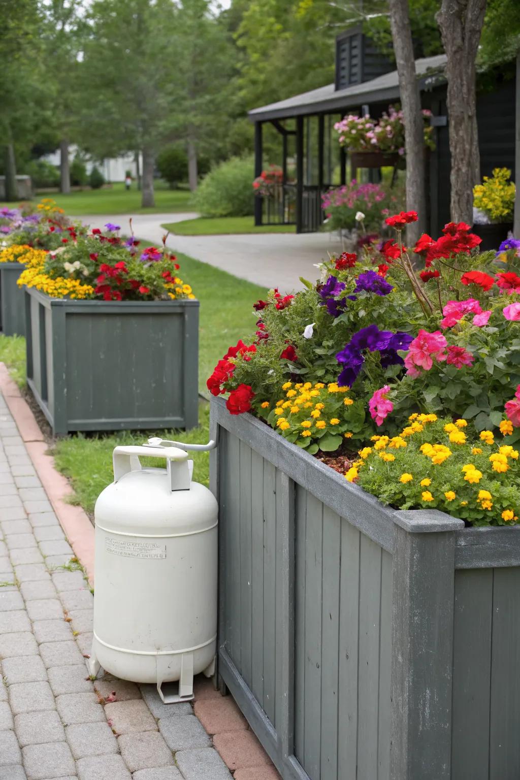 Planter boxes offer a colorful and practical way to hide a propane tank.