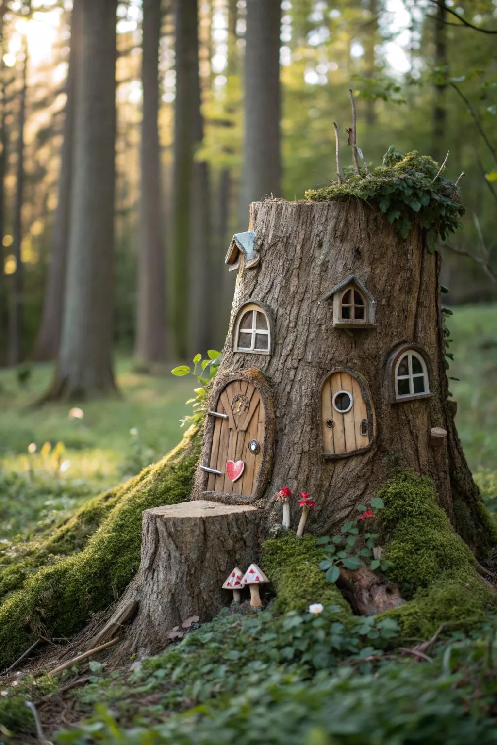 A charming gnome home nestled on a tree stump.