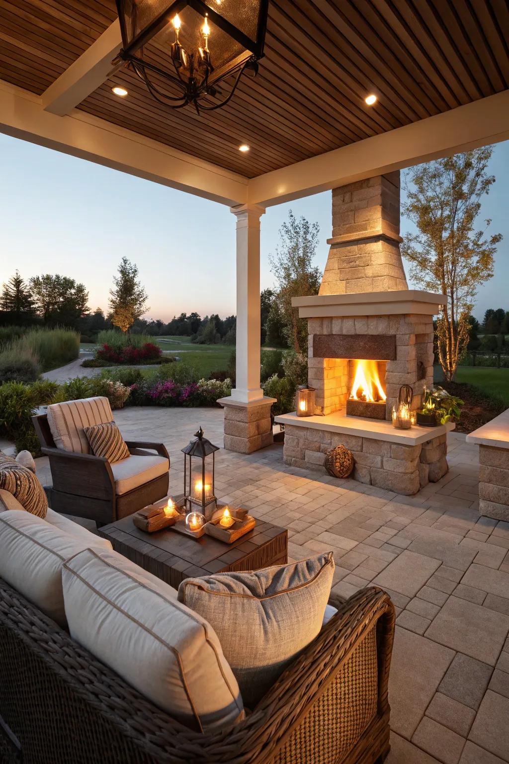 Central fireplace on a patio creating a focal point