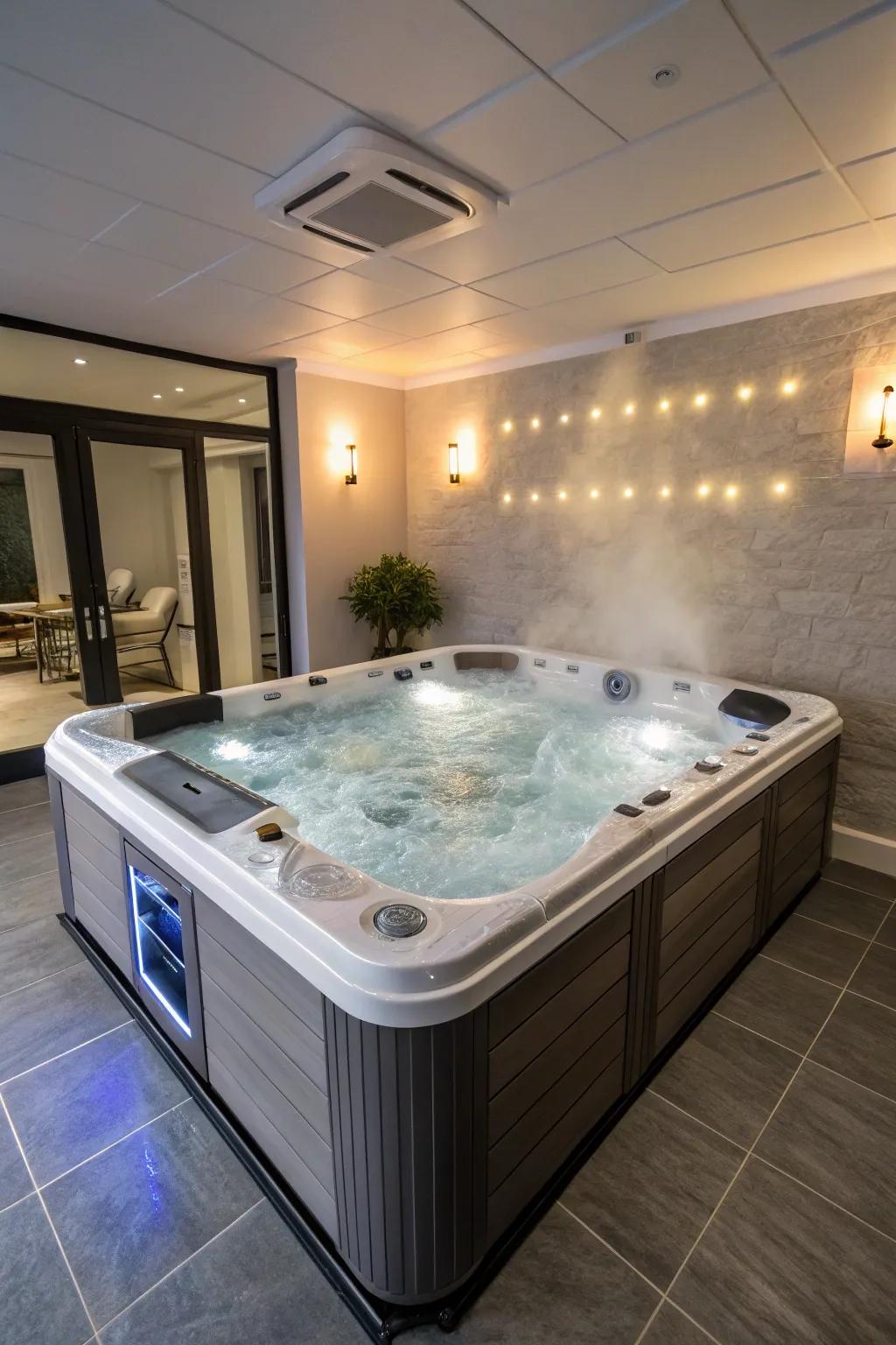 Luxurious indoor hot tub with multiple jets.