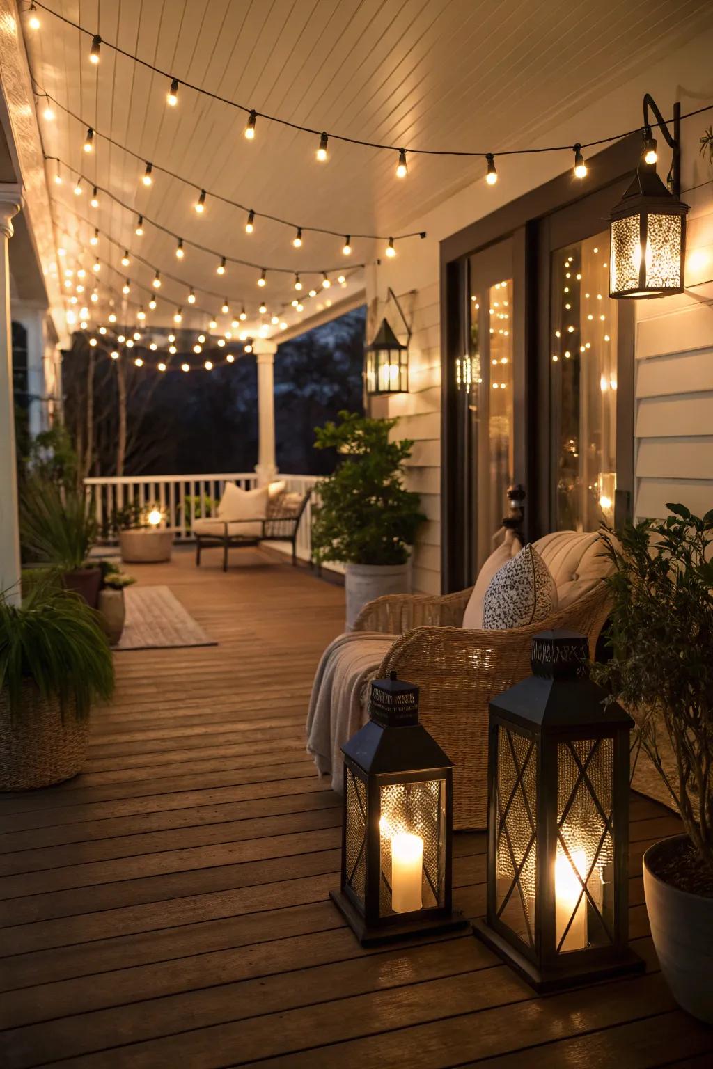String lights and lanterns cast a magical glow on your porch.