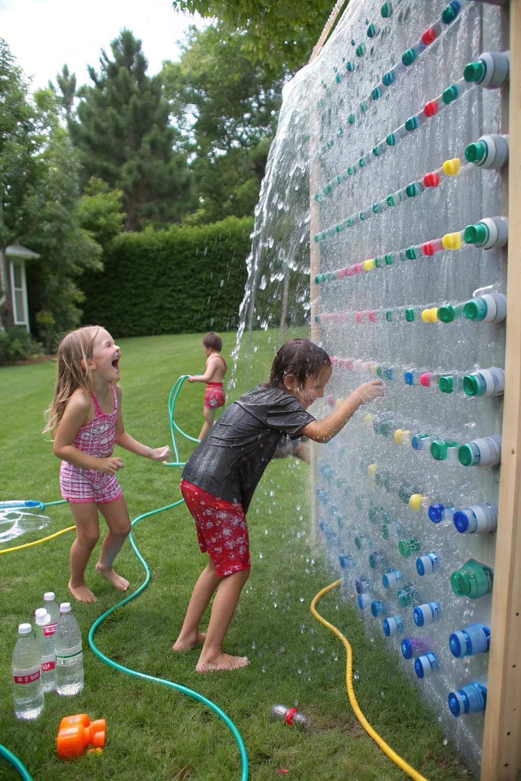 A water wall provides refreshing fun on hot days.