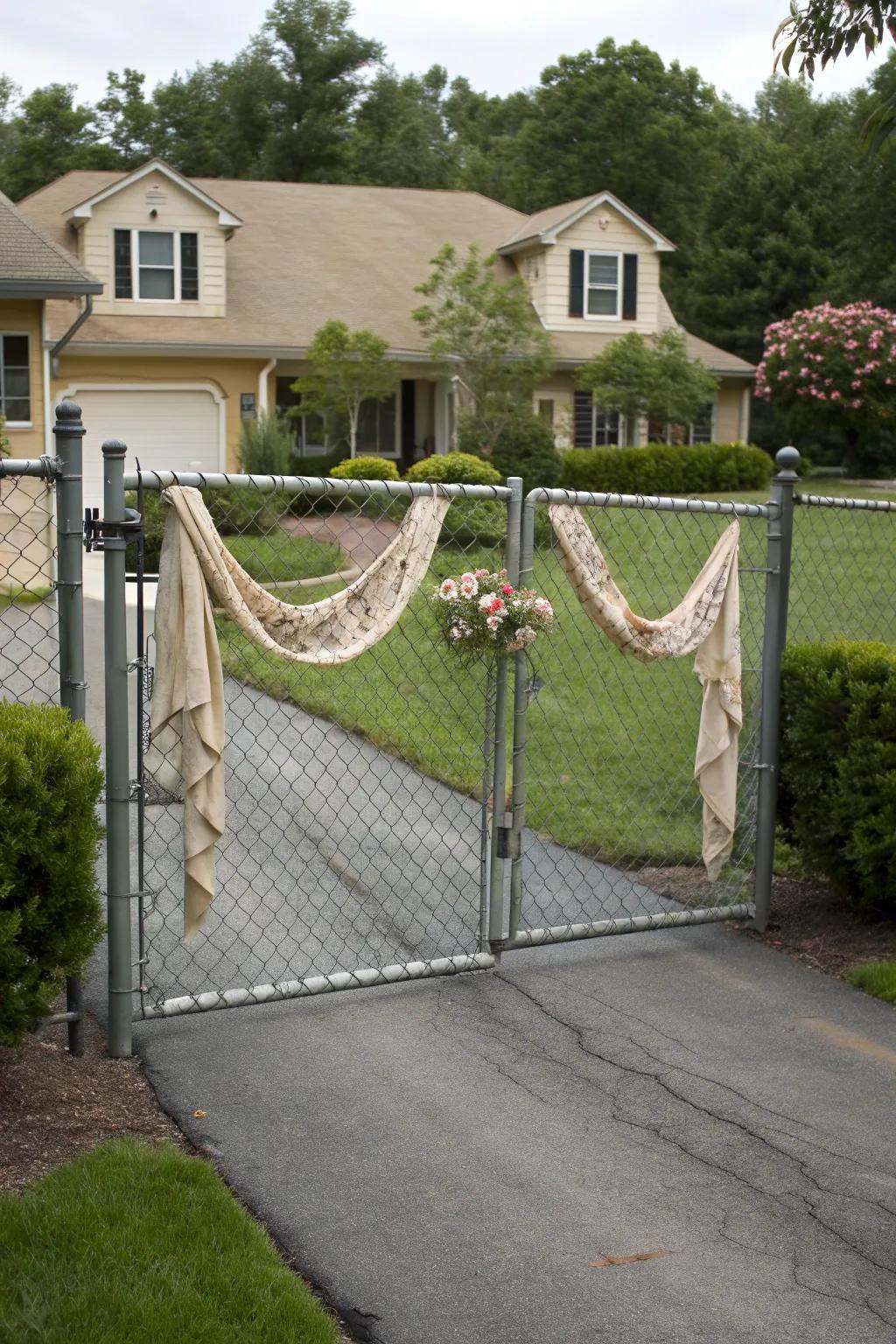 A fabric cover transforms a simple chain link gate.