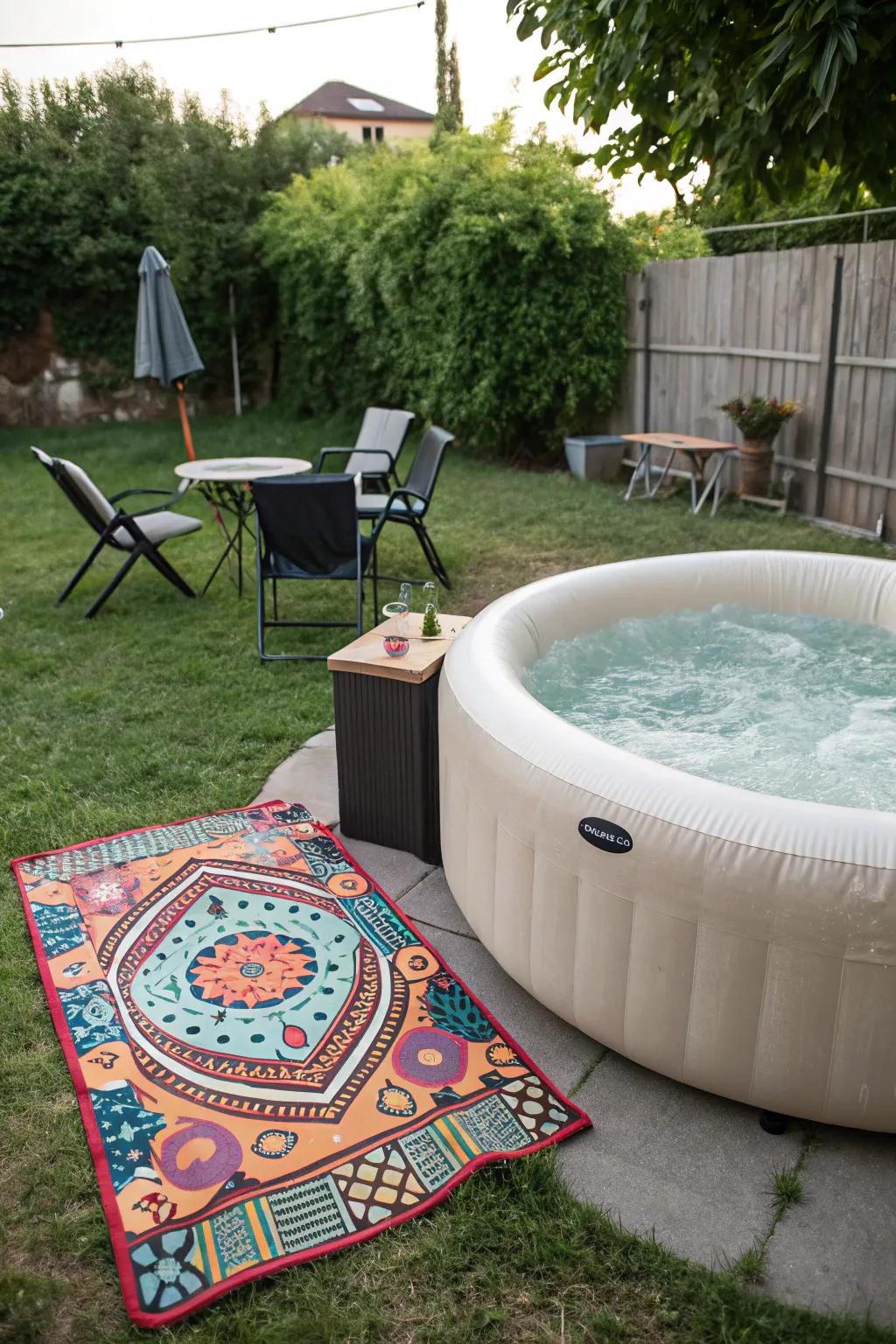 Add a cozy touch with a stylish outdoor rug.
