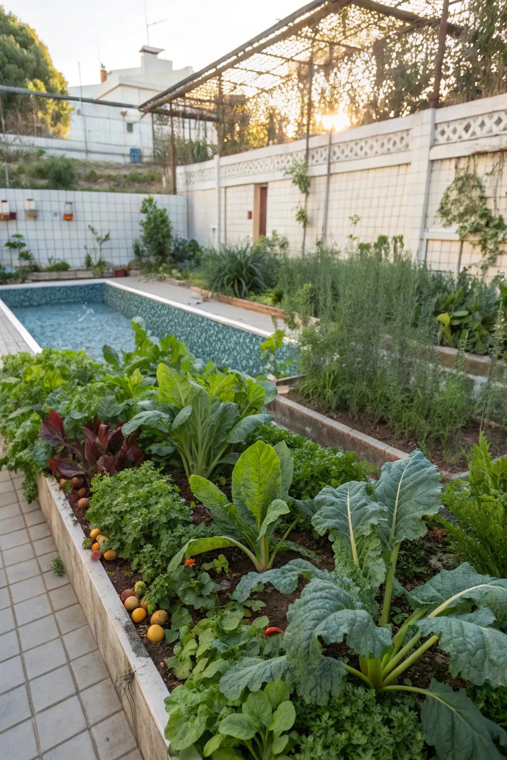A thriving vegetable garden in a former pool.