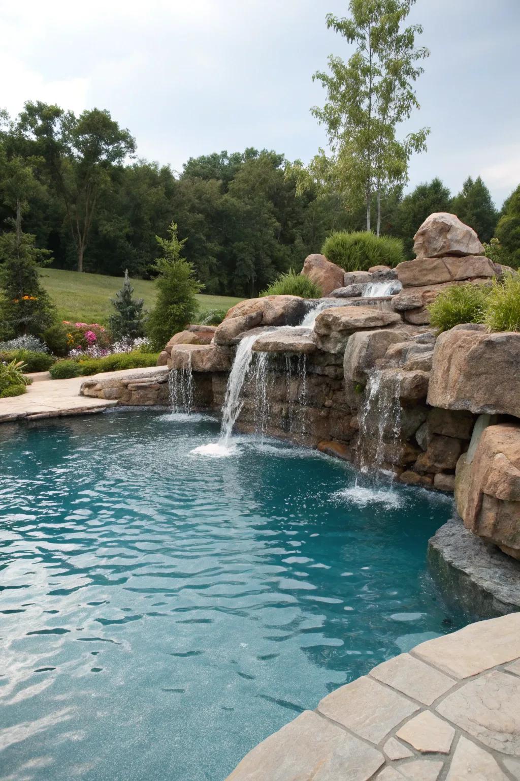 Waterfalls add luxury and soothing sounds to your poolside retreat.