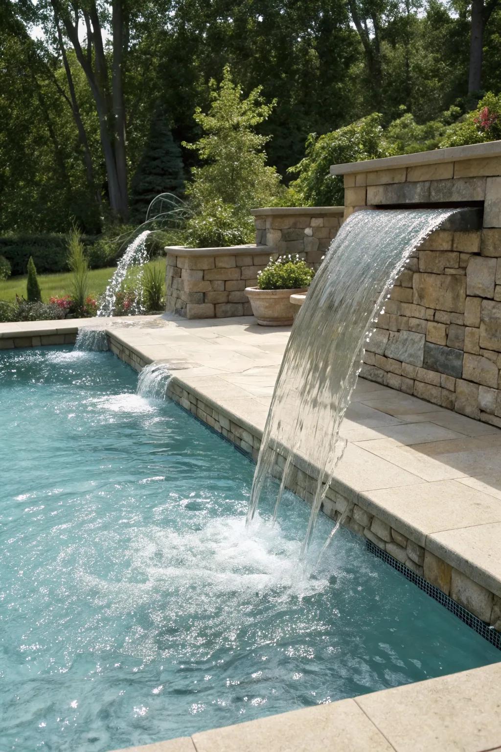 Water features like fountains and waterfalls bring dynamic beauty to pools.