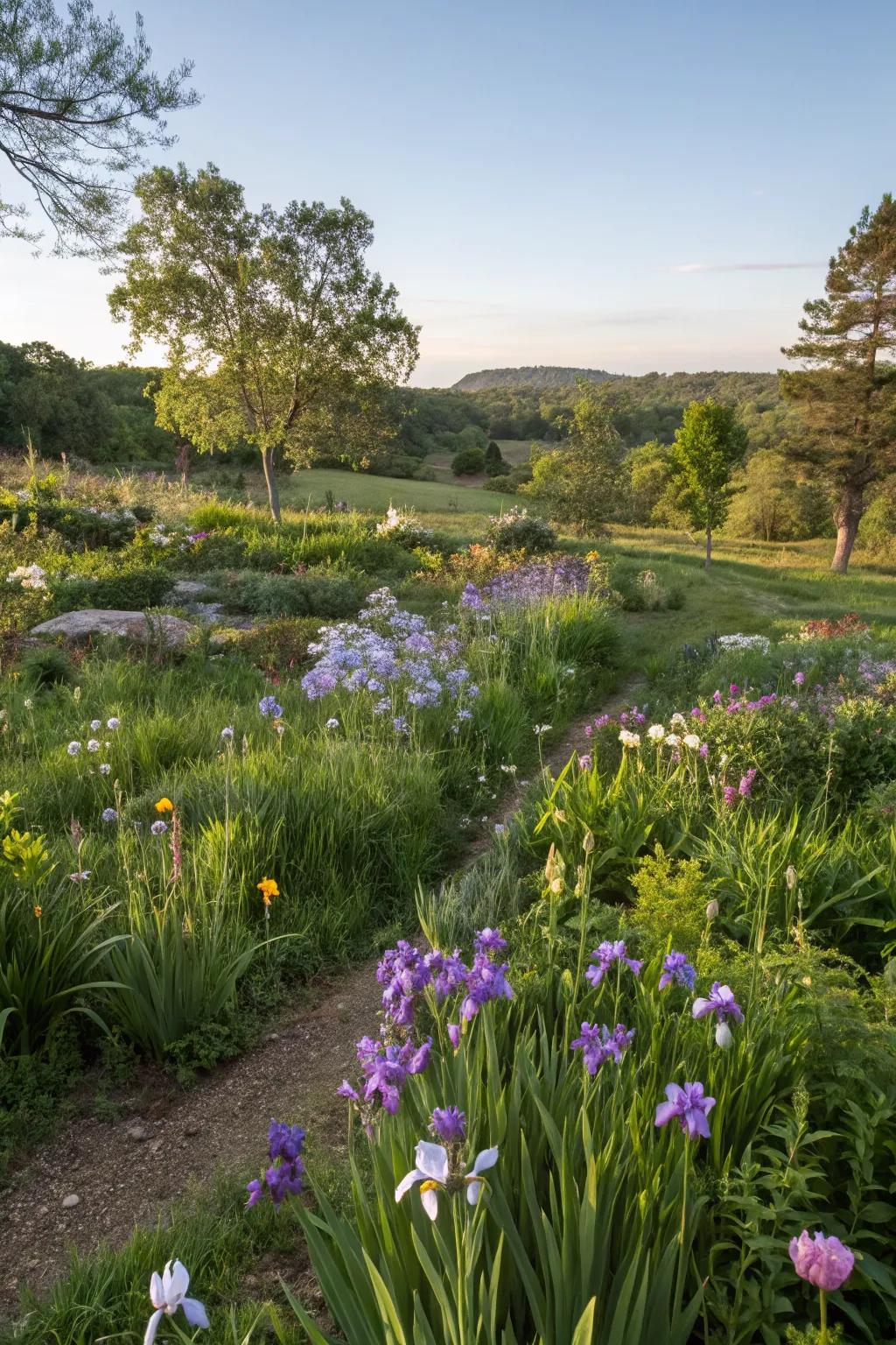 Wild beauty with irises in a naturalistic setting.