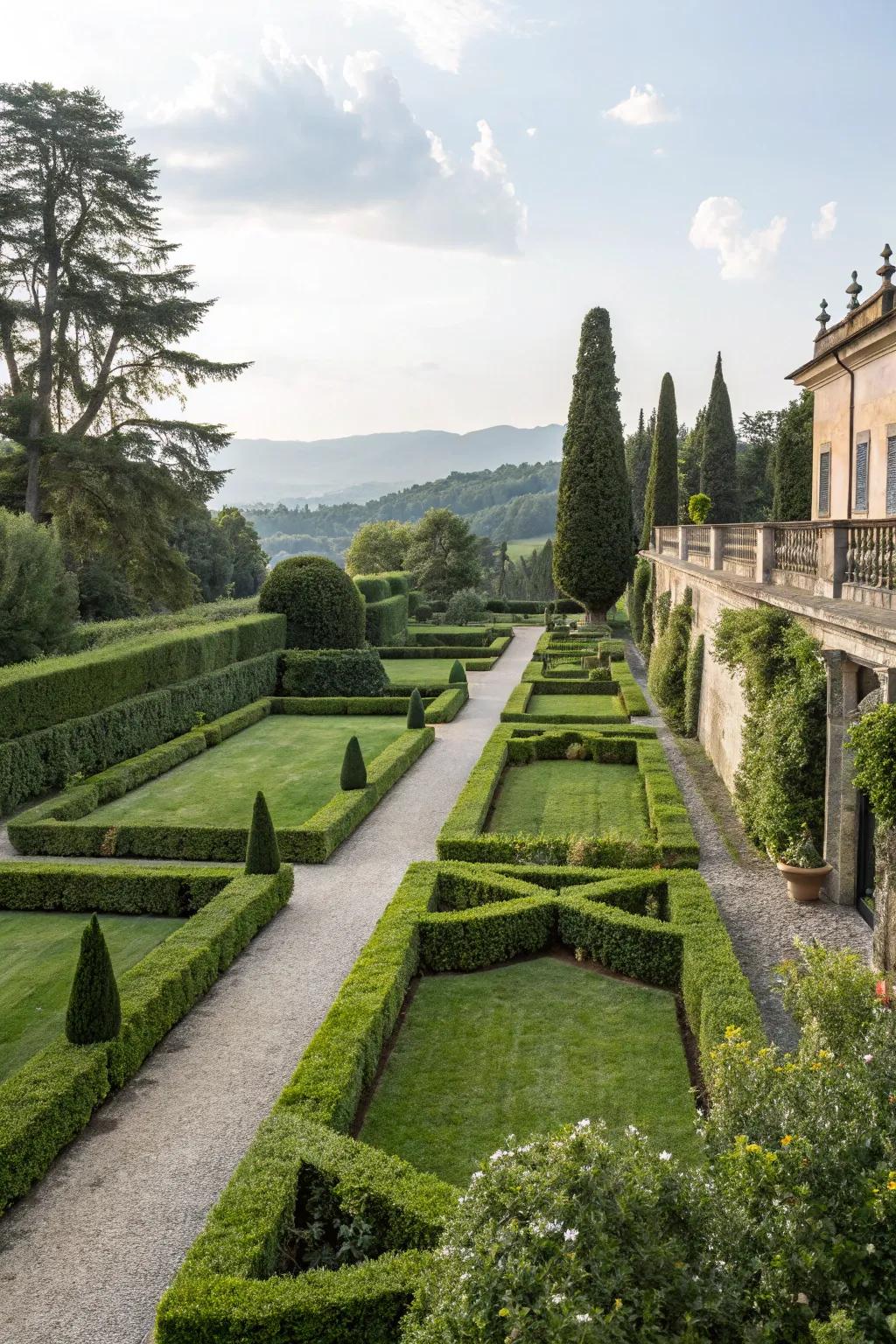 Formal gardens offer a structured, elegant aesthetic.