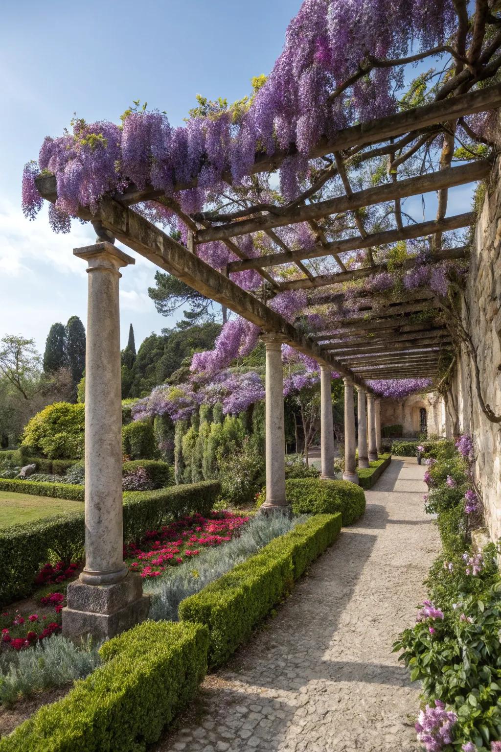A shaded pergola draped with vibrant wisteria.