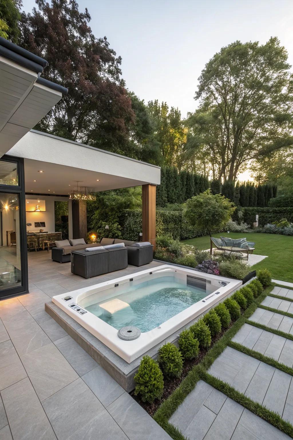 A stylish partially recessed jacuzzi in a contemporary backyard