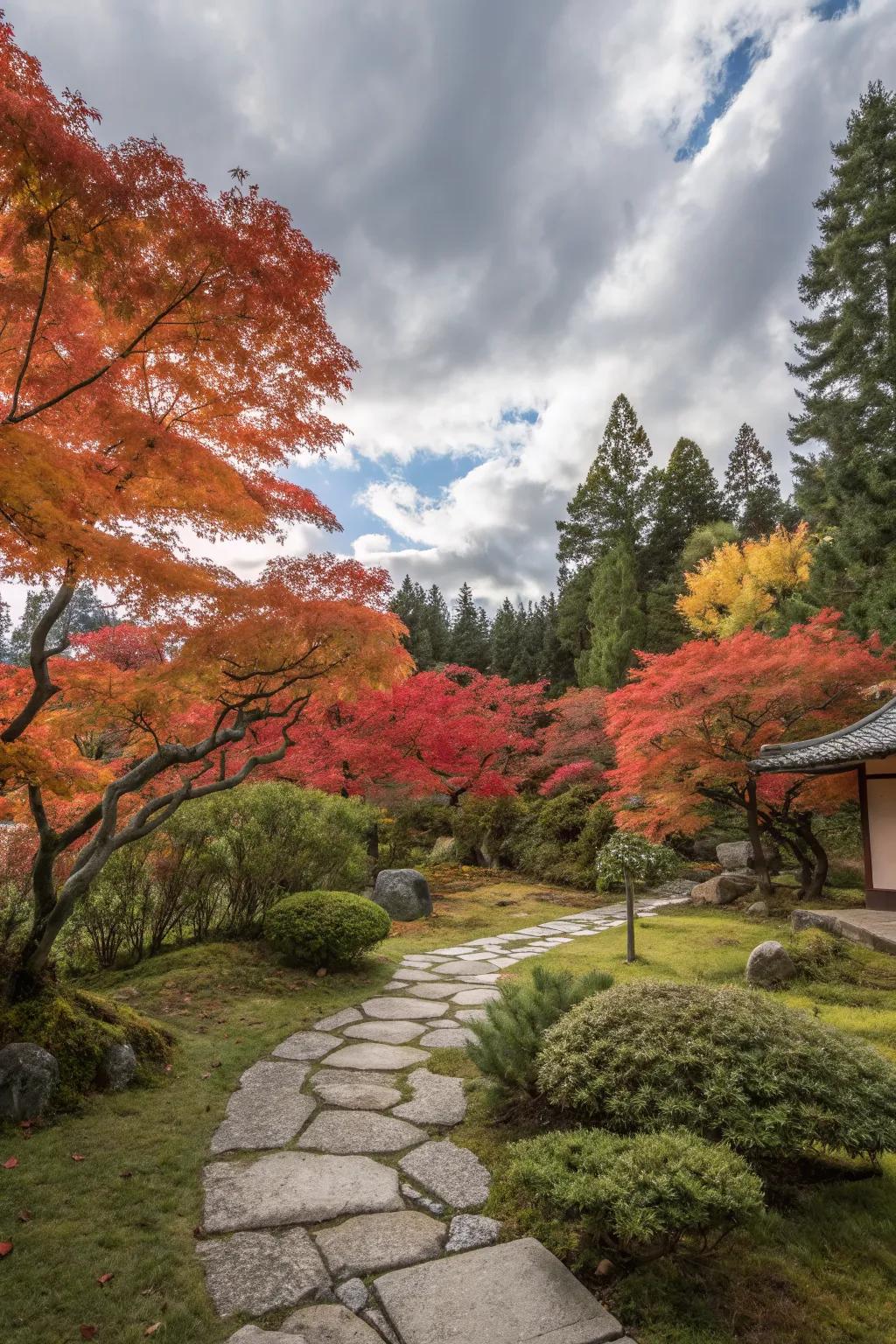 Japanese maple trees bring vivid color and texture to a Japanese backyard.