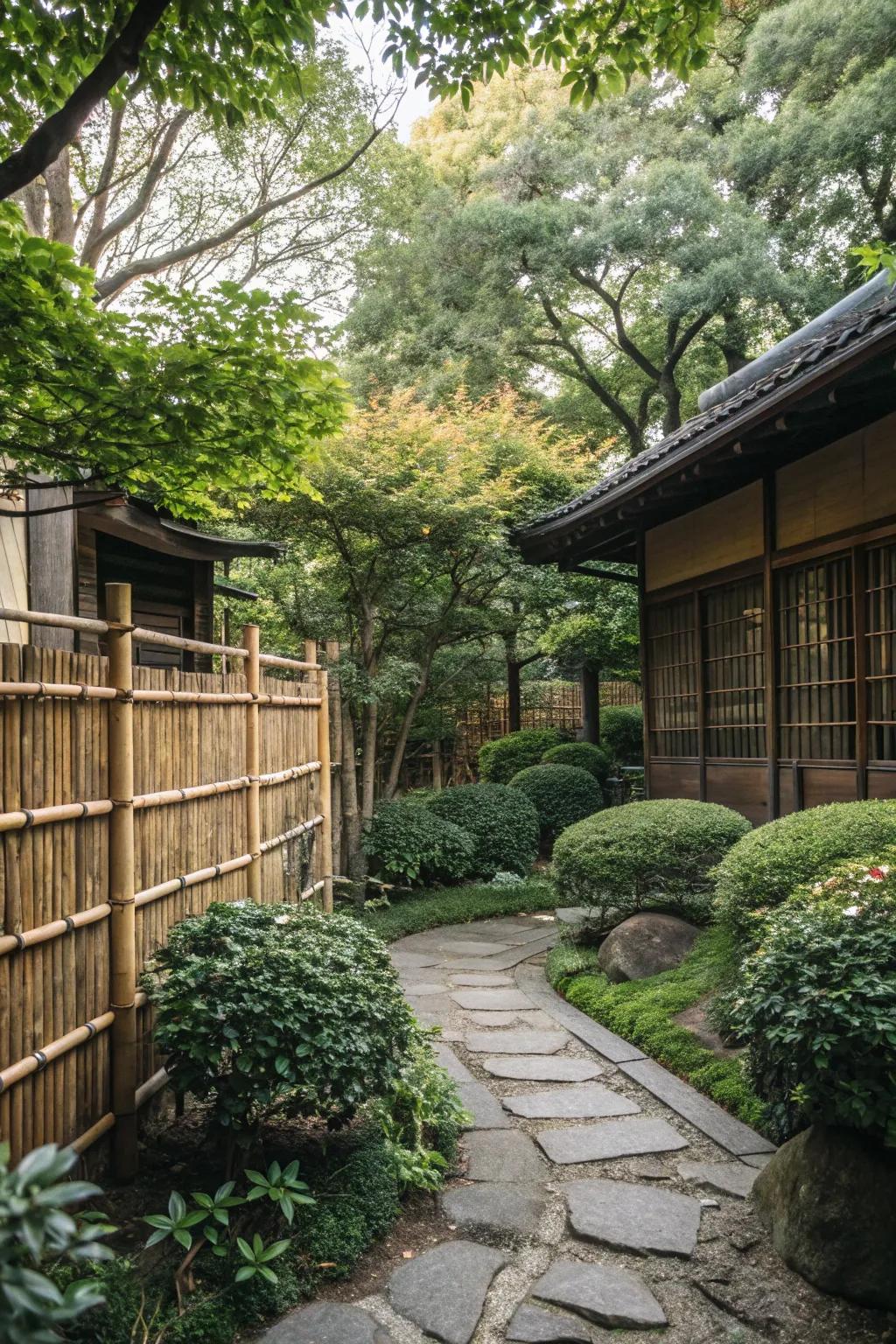 Bamboo fencing offers privacy and an authentic Japanese touch.