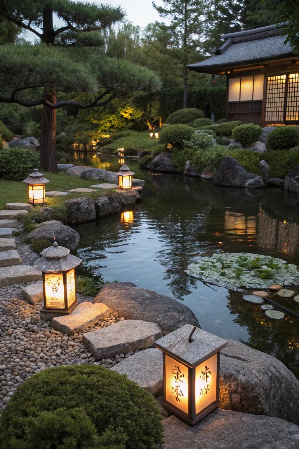 Floating lanterns bringing magic to a garden pond.