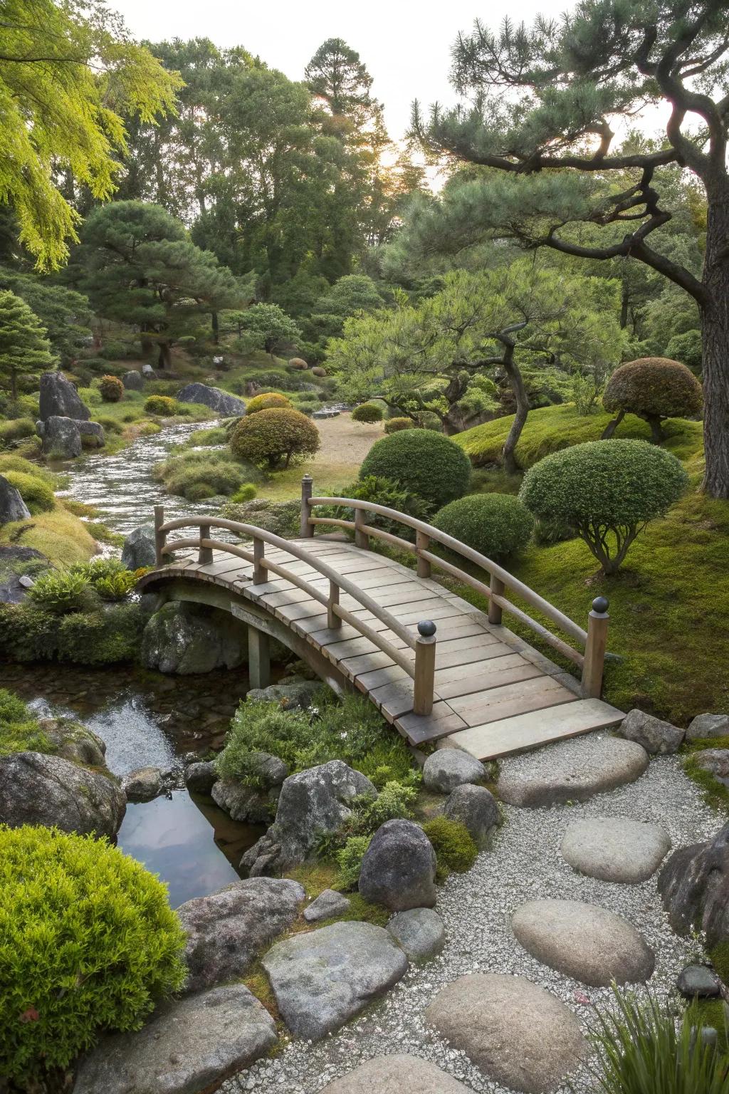 Elegant wooden bridge in a Japanese garden, crossing over a dry creek bed.