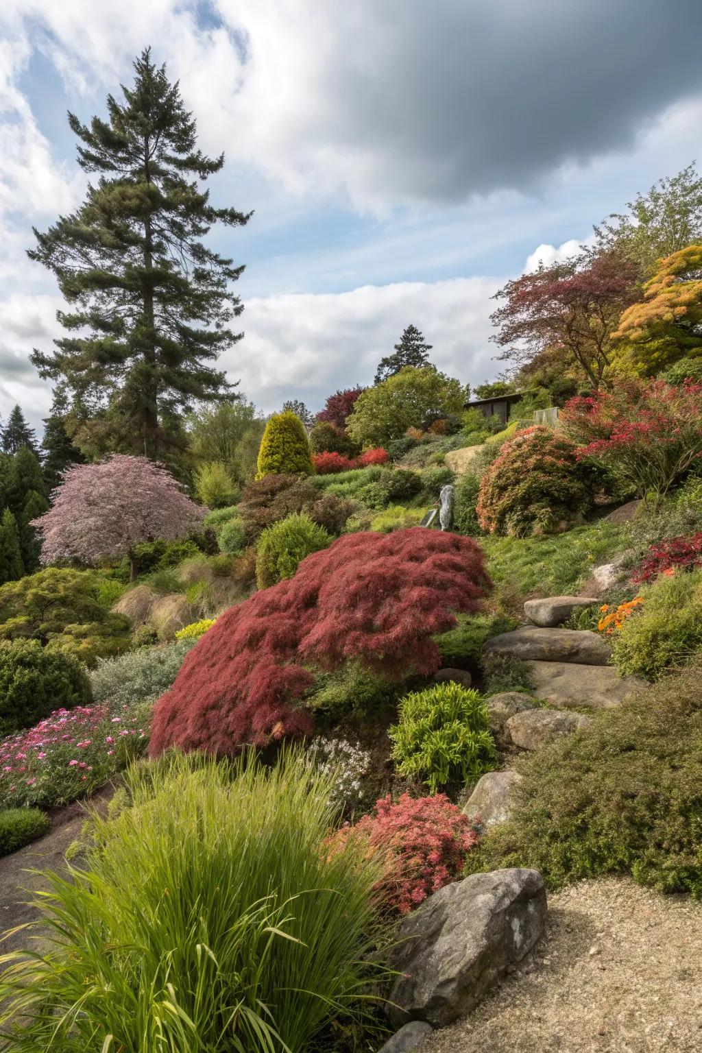 Add texture with layered plantings around Japanese maples.