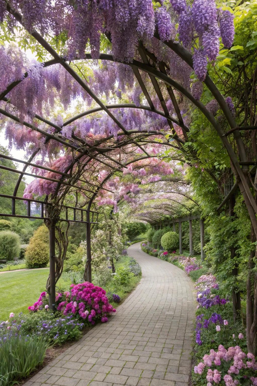 A decorative arch trellis adds elegance to a garden path.