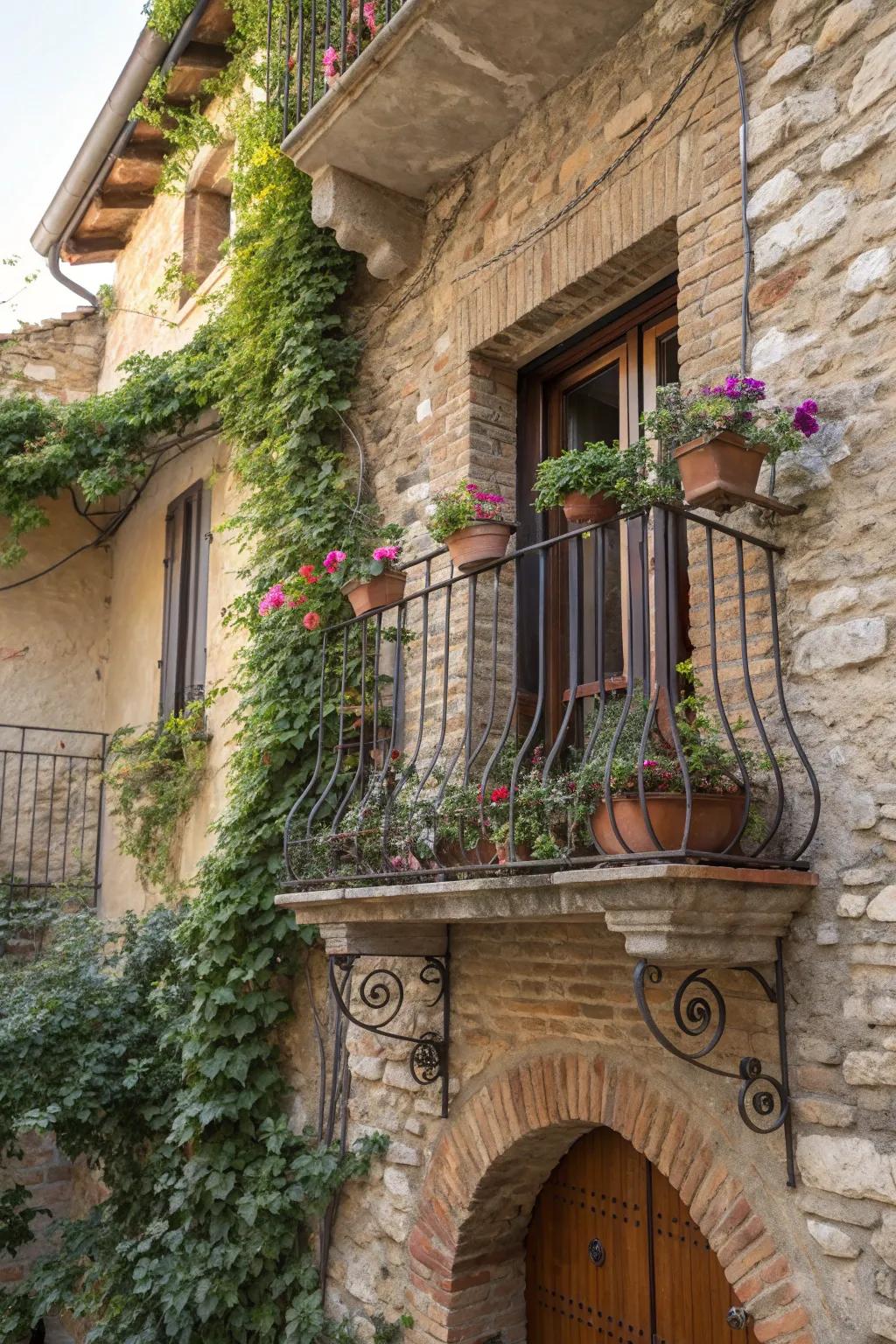 A rustic Juliet balcony featuring stone and brick elements.