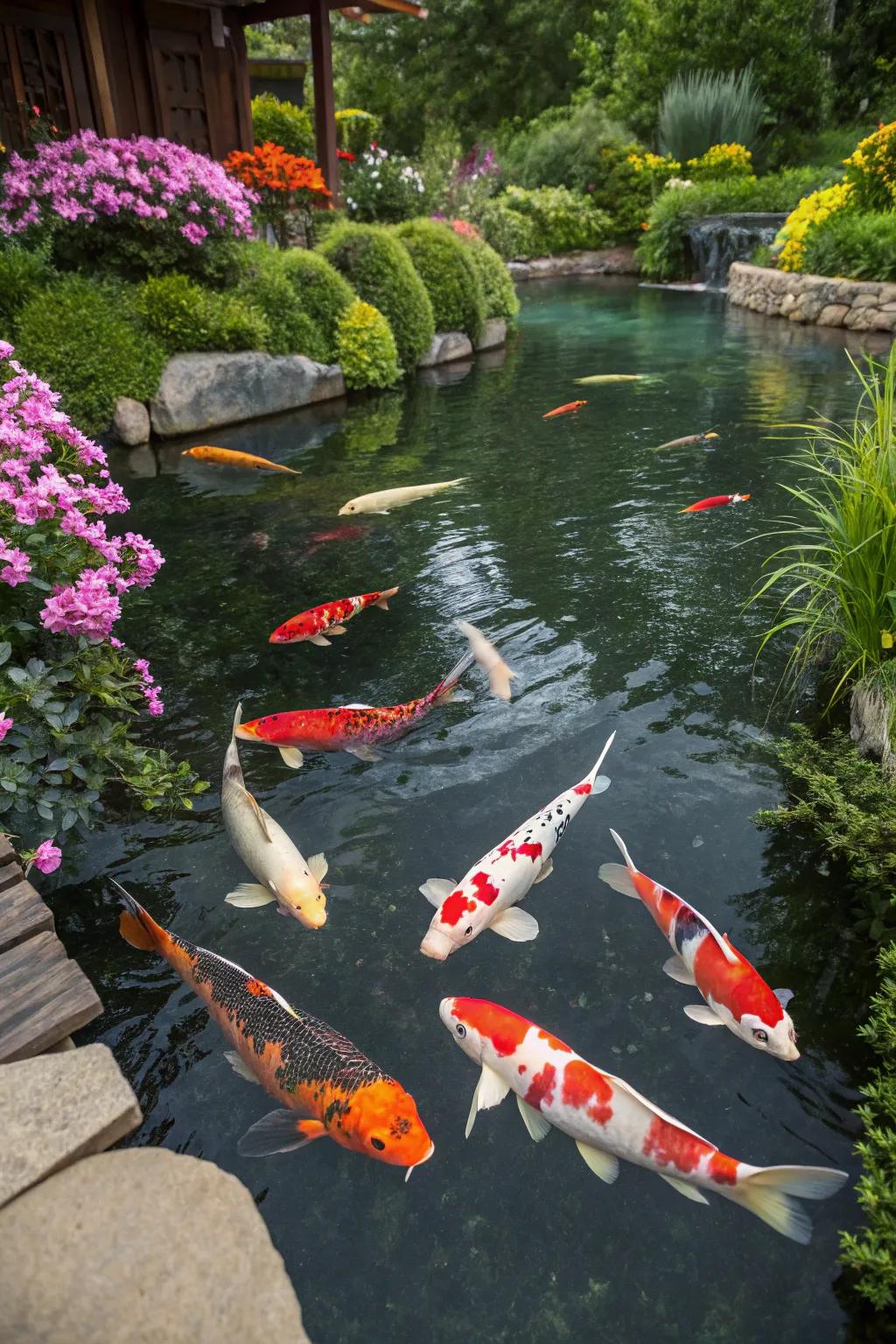 Colorful koi fish adding vibrant life to a serene pond.