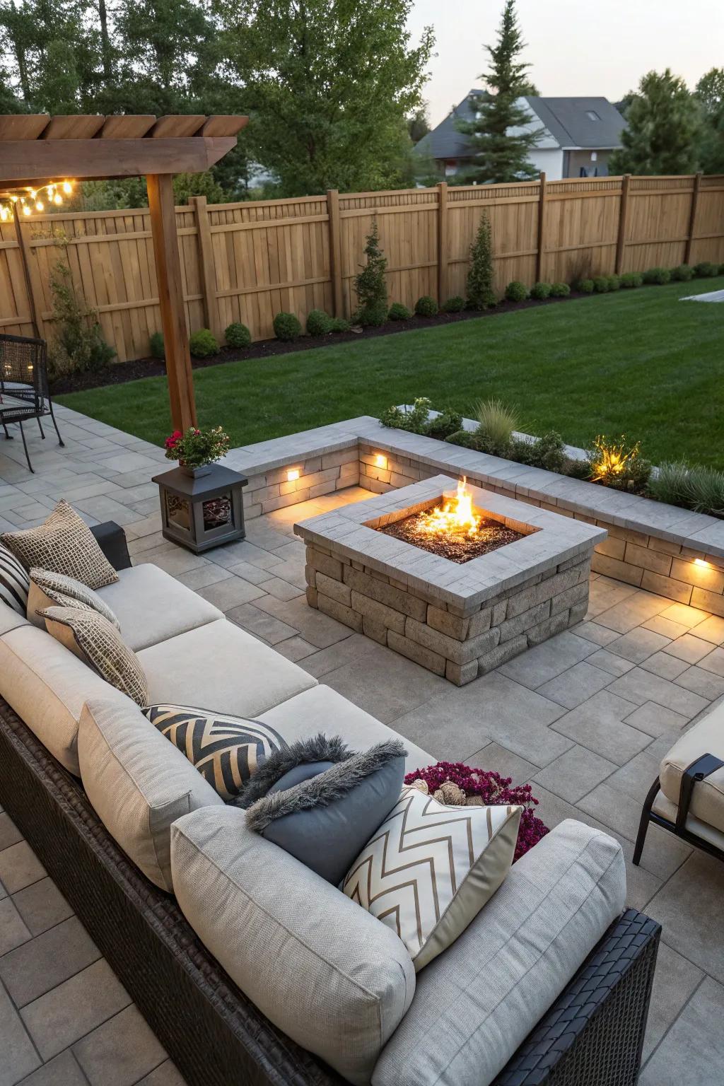 A cozy fire pit that serves as the focal point of the patio.