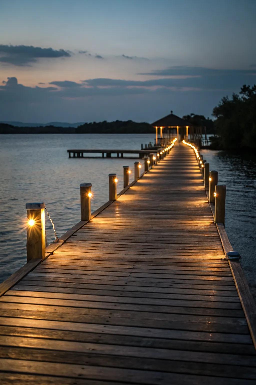 Pathway lights ensure safe passage along this well-lit dock.