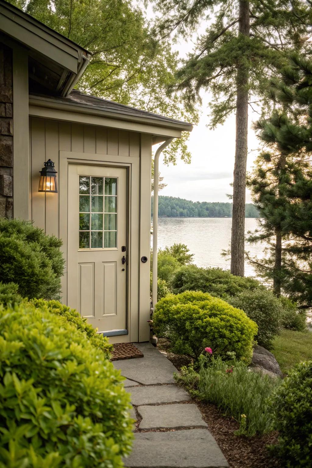 A neutral-colored door blends beautifully with nature.