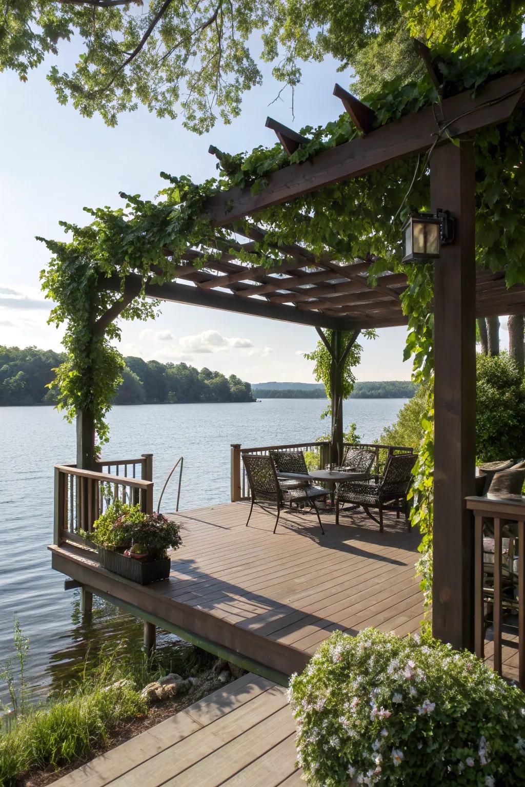 A pergola offers shade while maintaining the beautiful lake view.