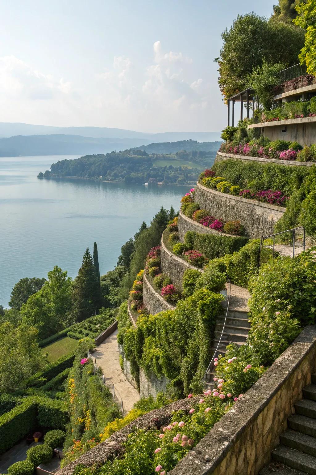Terraces adding dimension and functionality to a lakeside garden.
