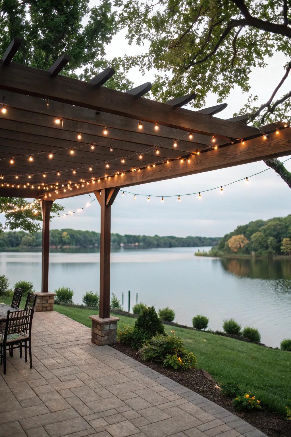 A pergola with twinkling lights creating a magical evening ambiance.