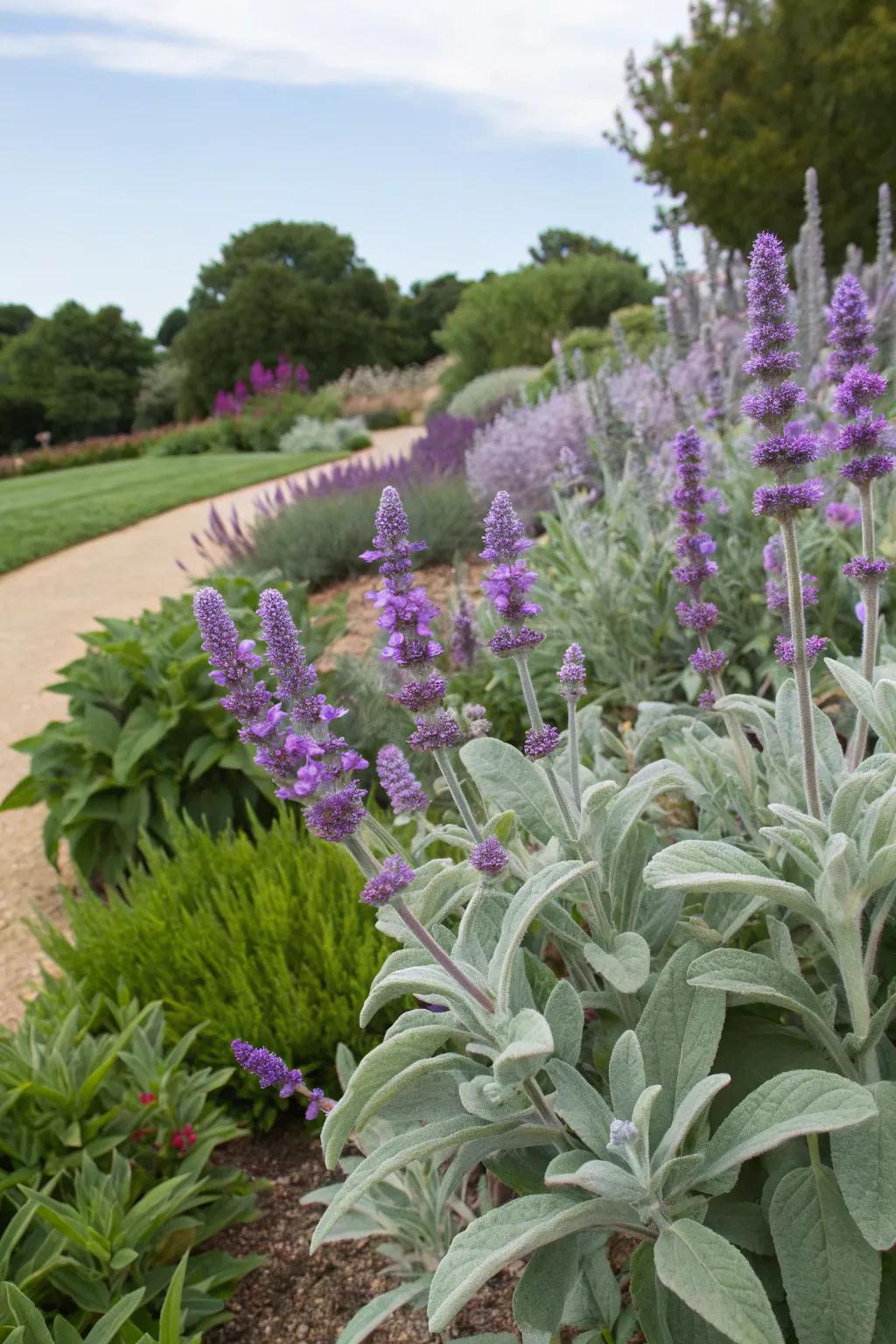 A striking color contrast of lamb's ear and vibrant purple flowers.