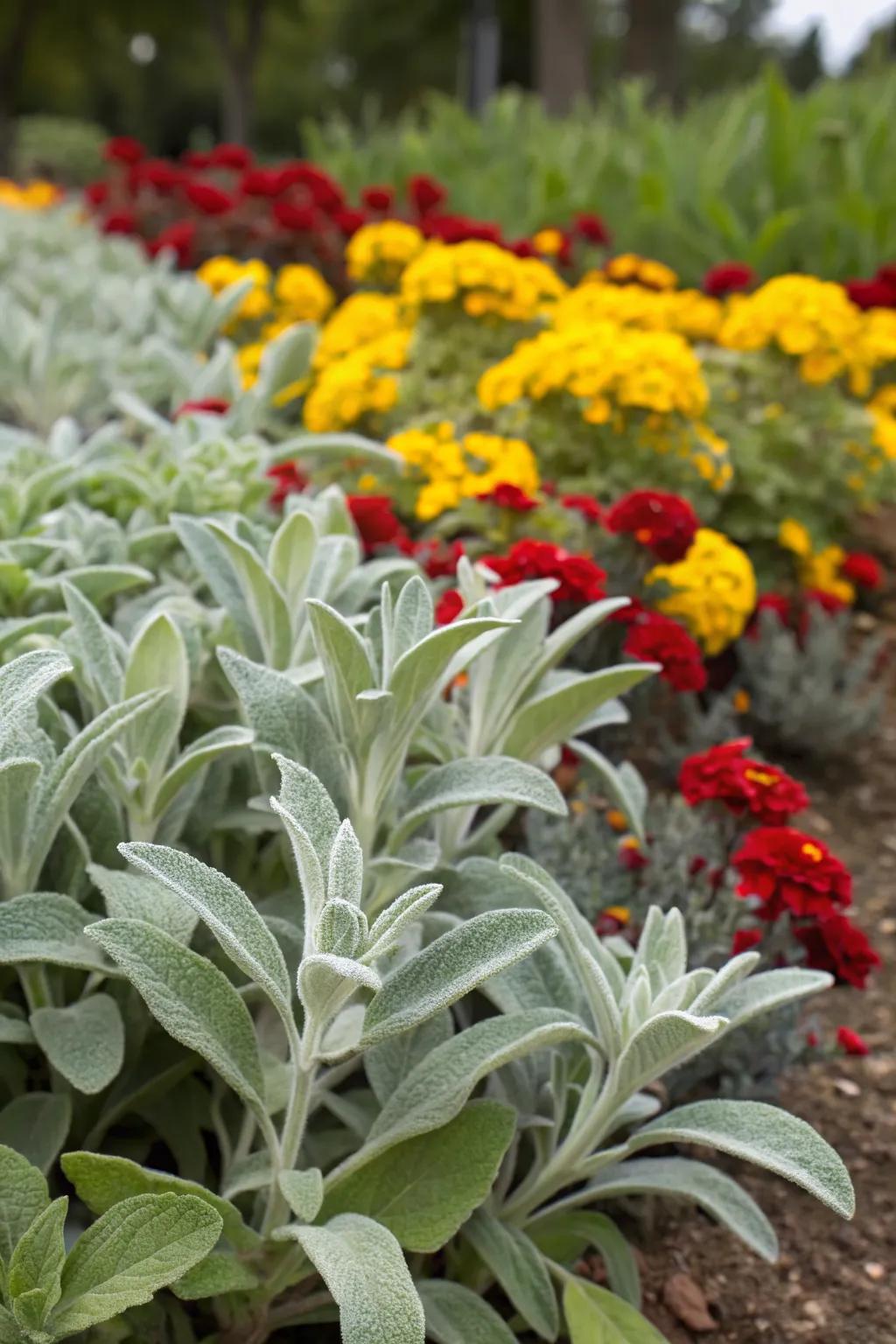Vibrant color contrast with lamb's ear and bold blooms.
