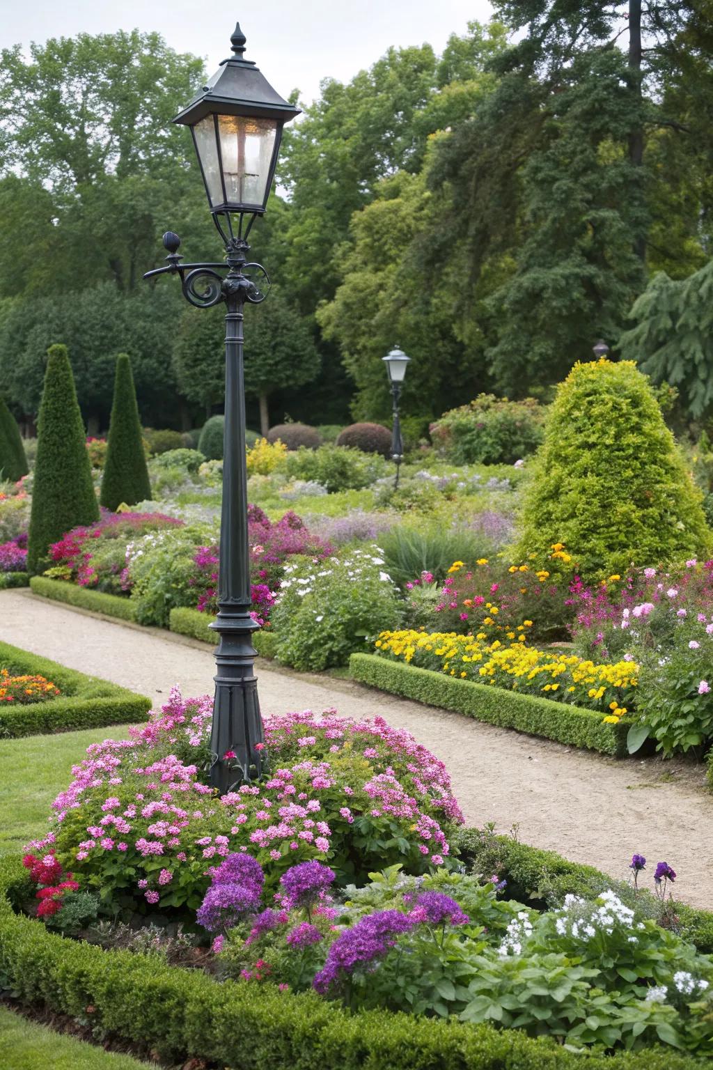 Integrating a lamp post with nature enhances garden harmony.