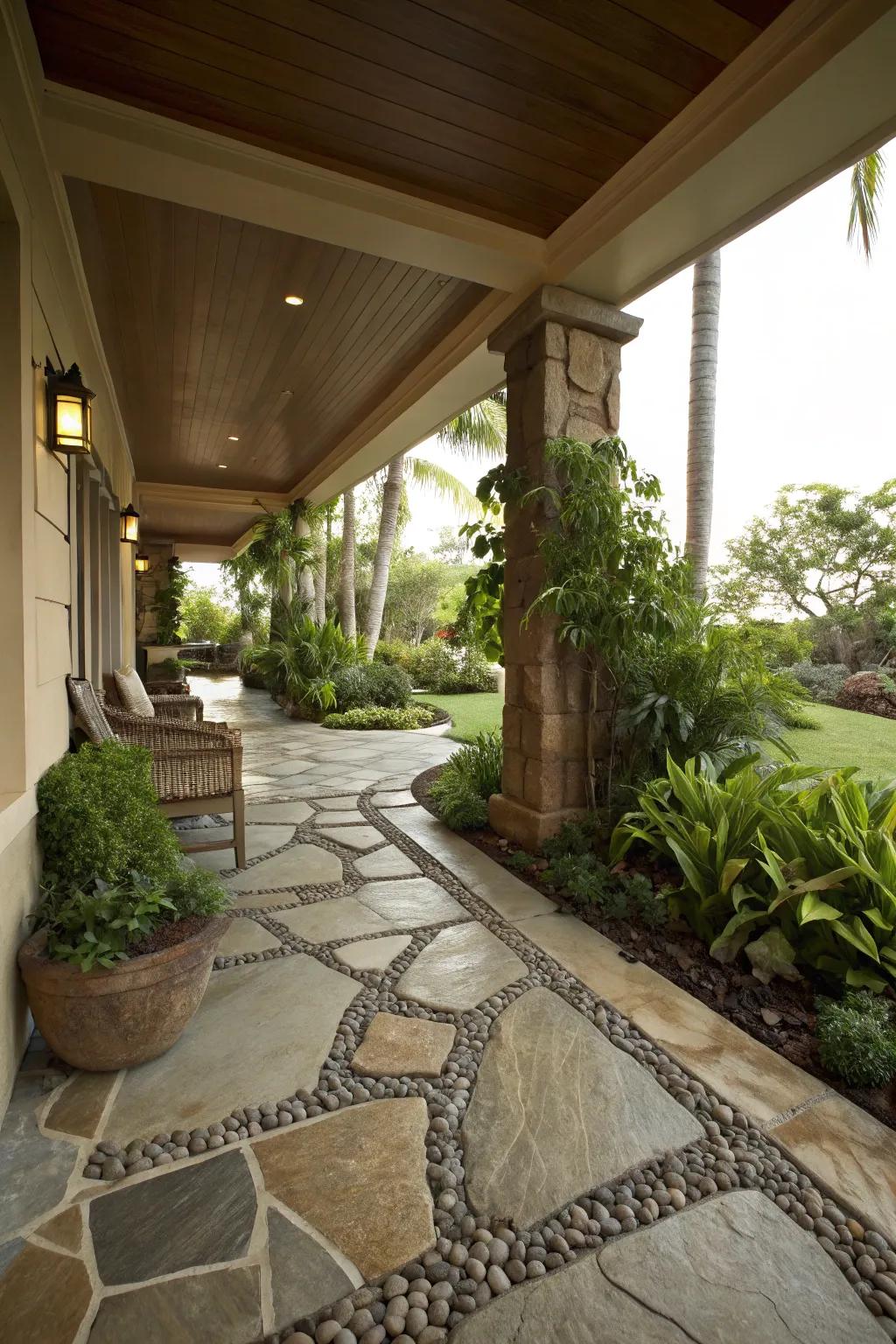 A lanai seamlessly integrated with its garden using natural stone elements.