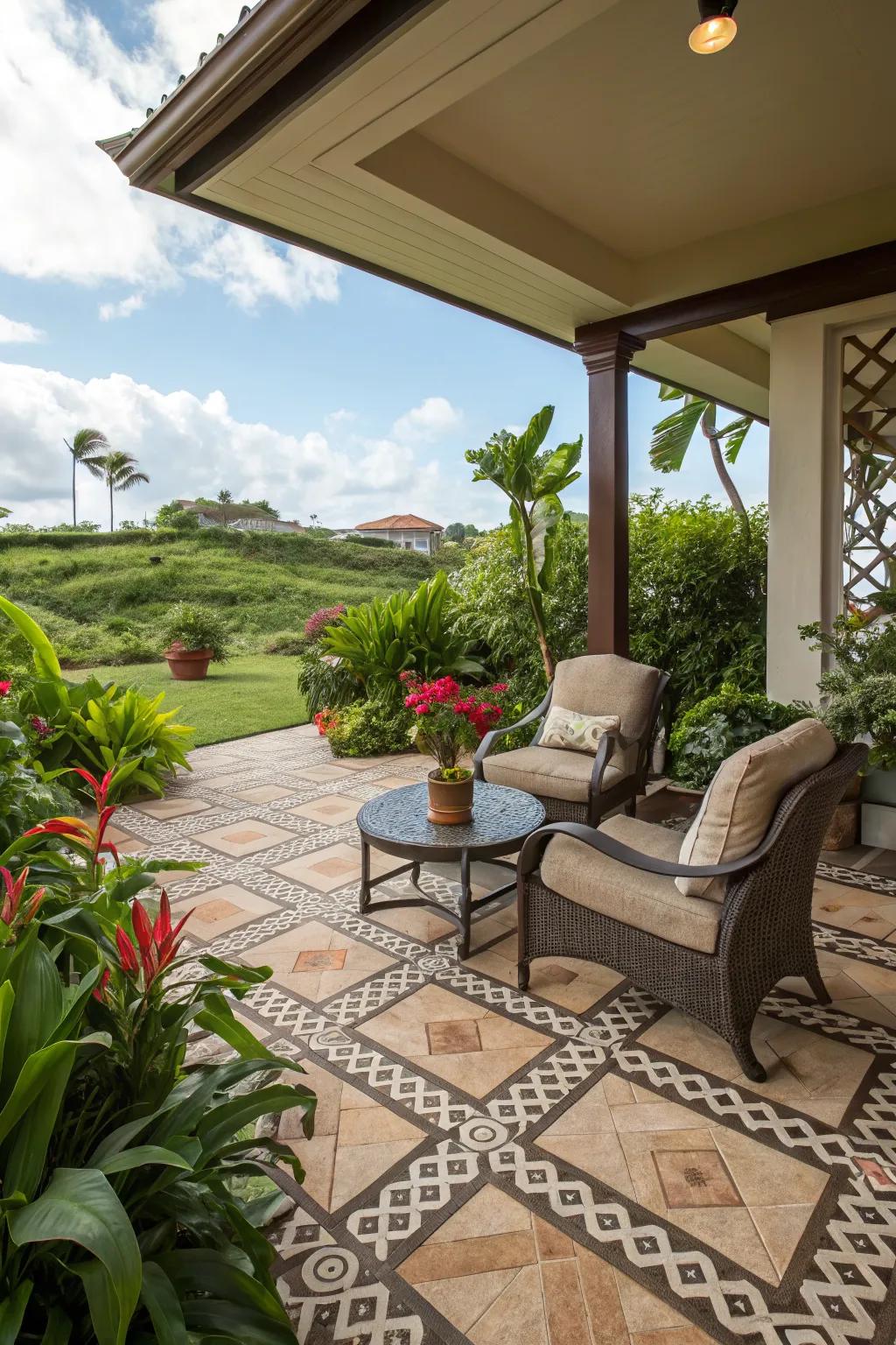 Patterned tiles add a unique touch to this lanai patio.