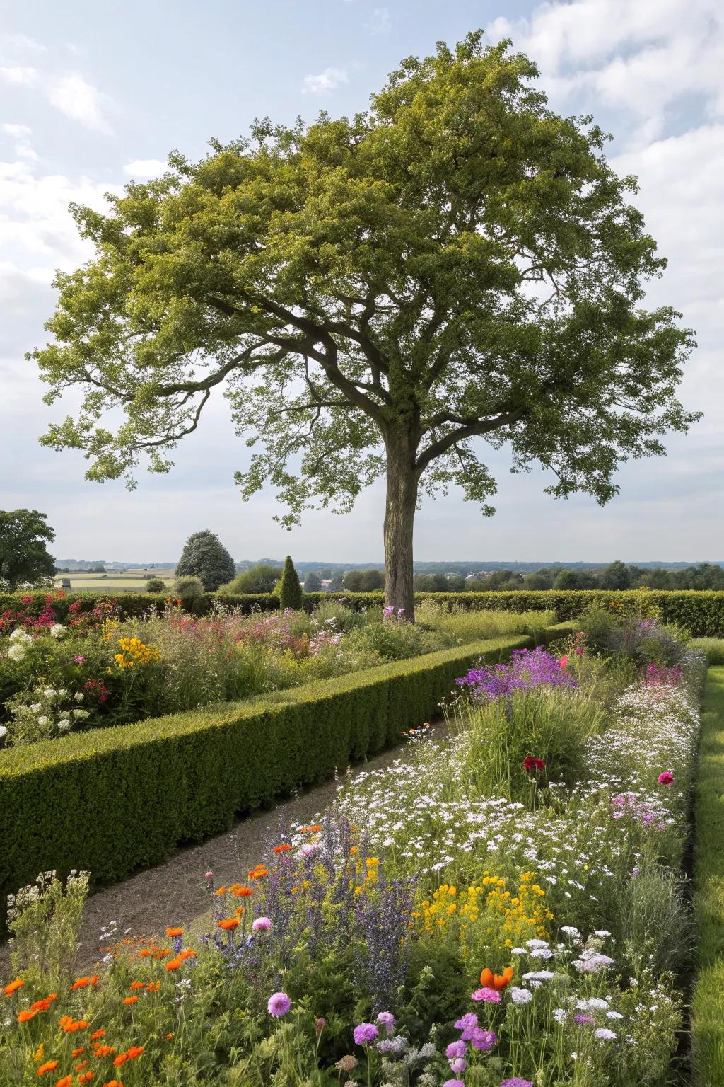 A harmonious blend of natural and formal styles around a tree.