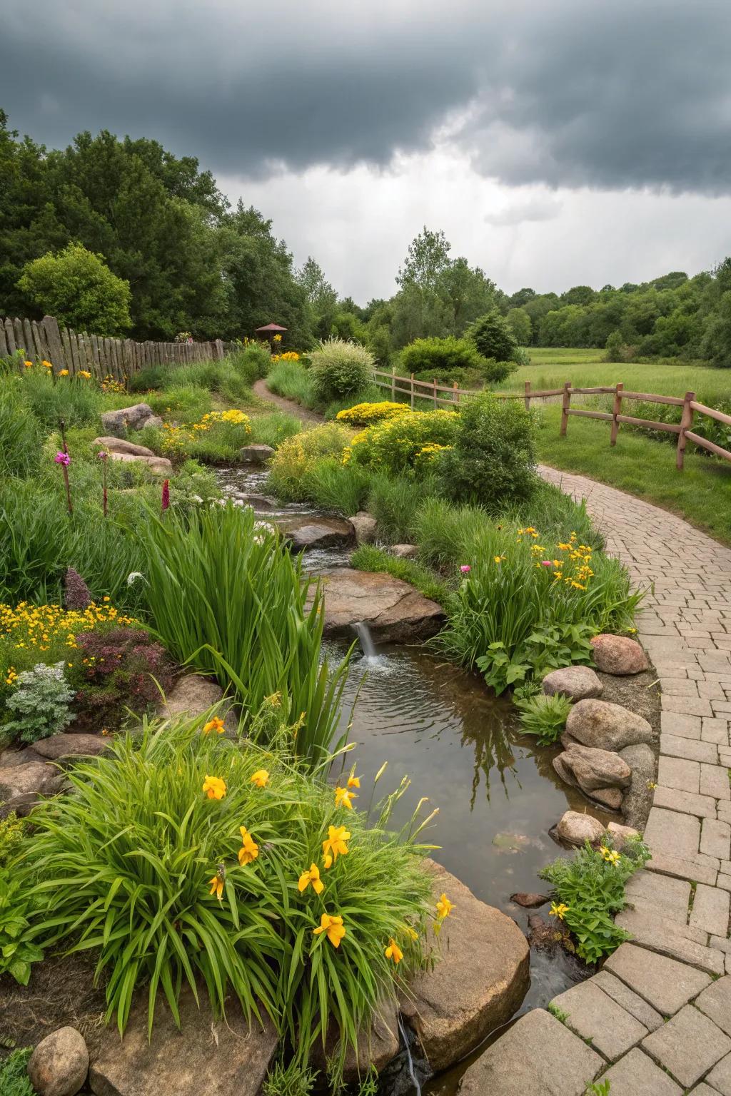 Rain gardens combine beauty with functionality, managing water runoff effectively.