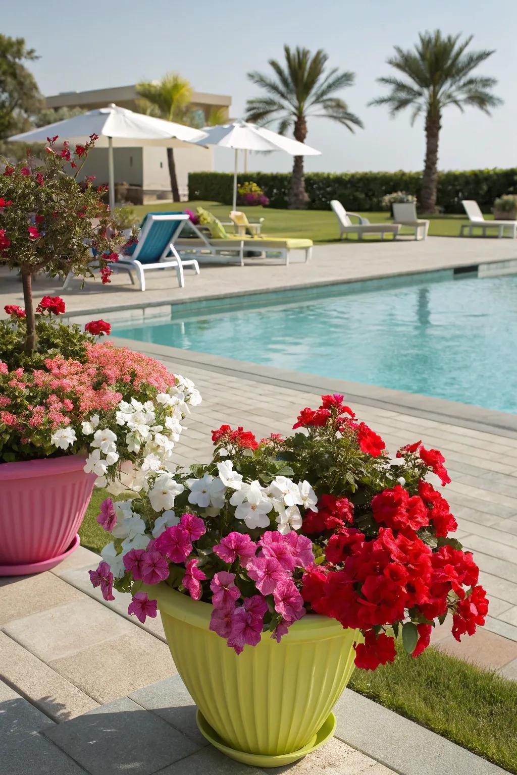 Poolside area accented with colorful Encore Azaleas.