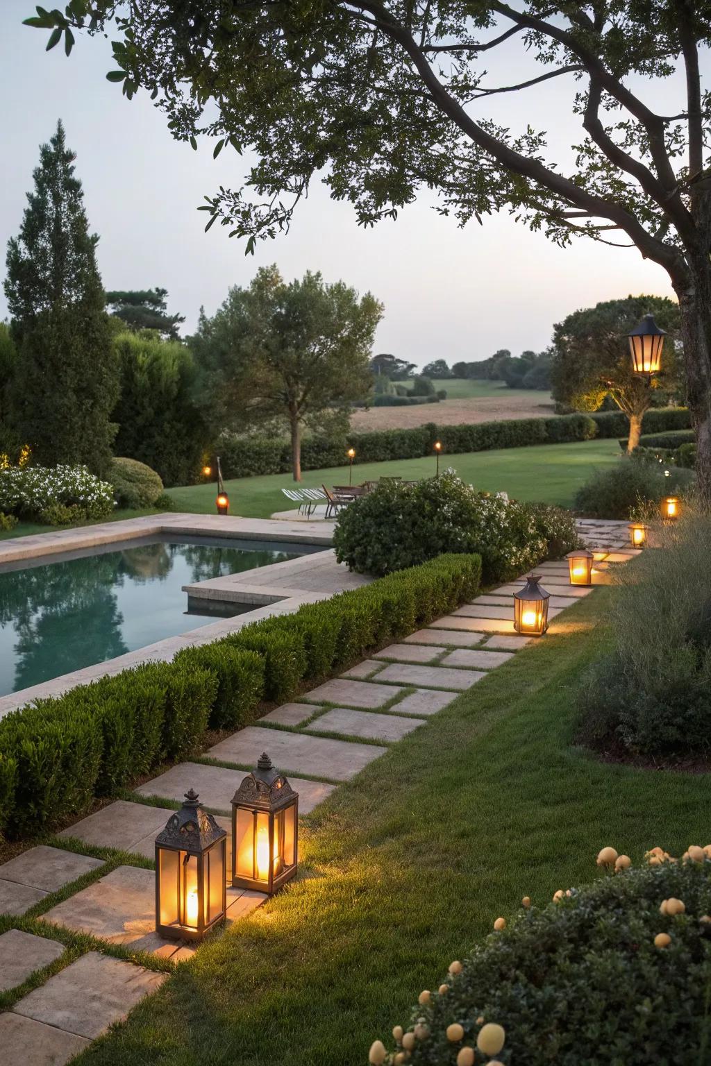 Landscaping lights elegantly blend with natural elements.