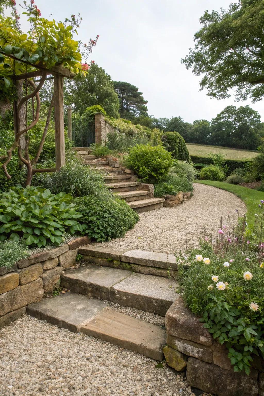 Steps and a gravel path create a charming garden walk.