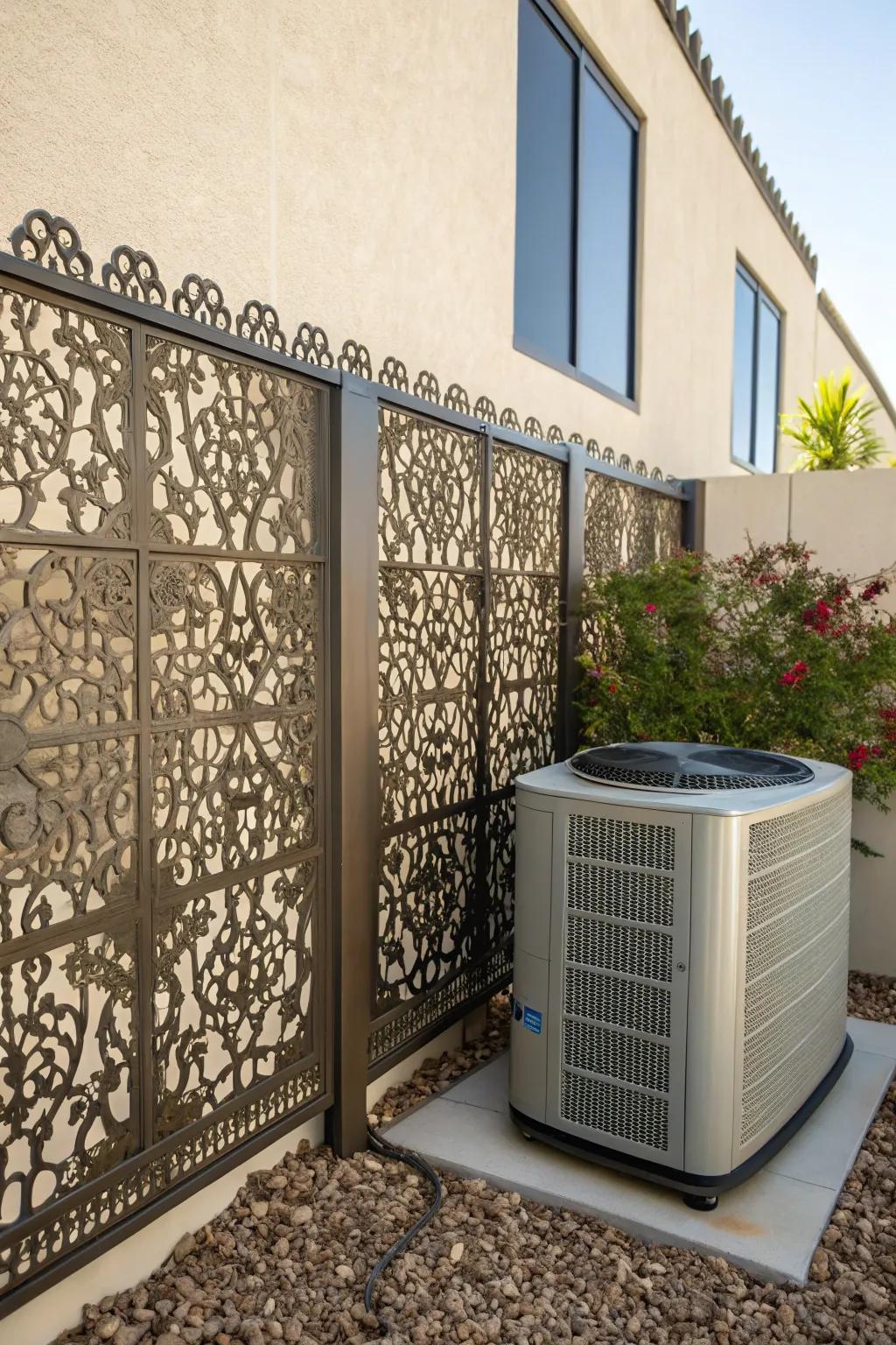 Decorative screens providing stylish concealment for an AC unit, with intricate designs.