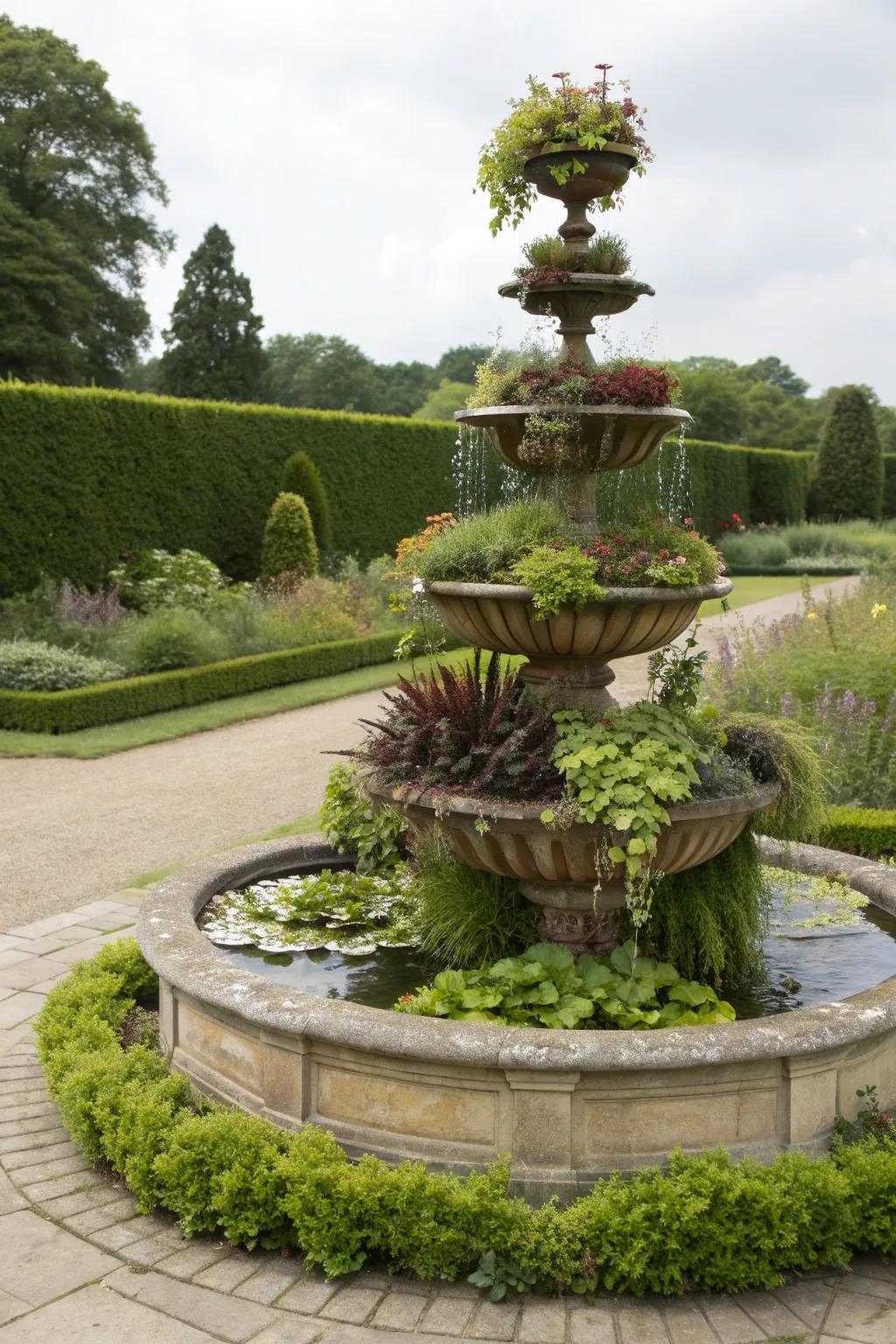 A tiered garden design emphasizing a central fountain.