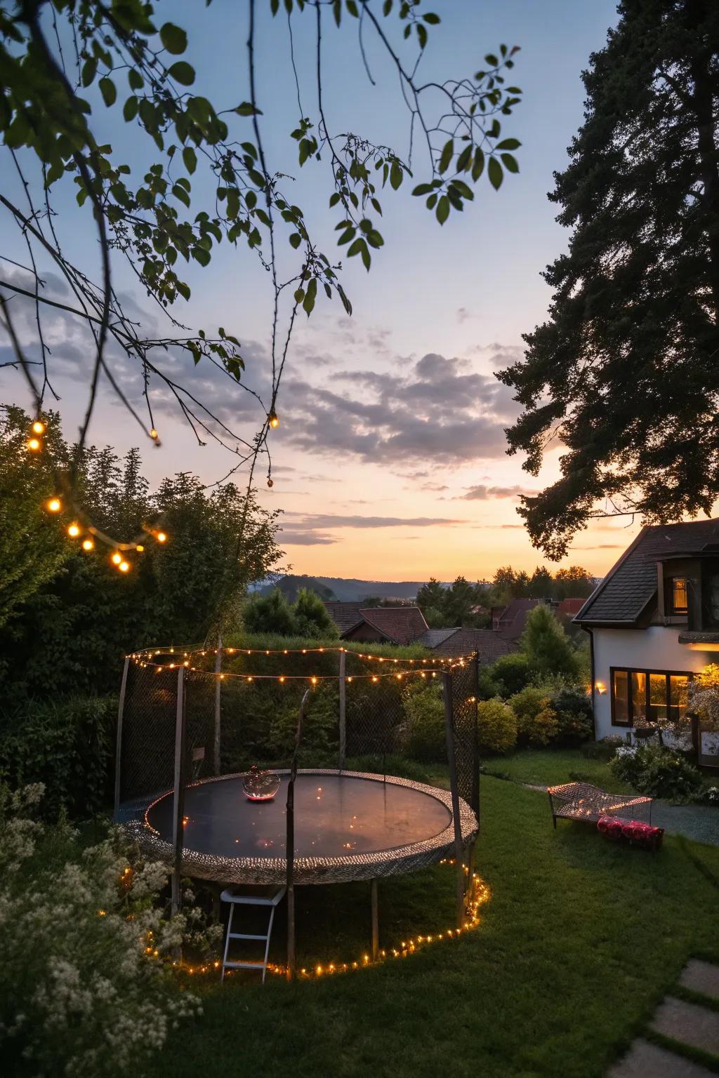 Fairy lights add a magical glow to the trampoline area.