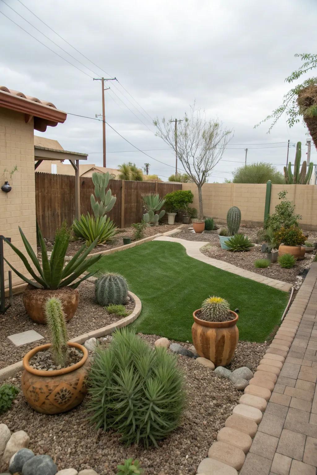 A sustainable garden with drought-resistant plants and lush artificial grass.