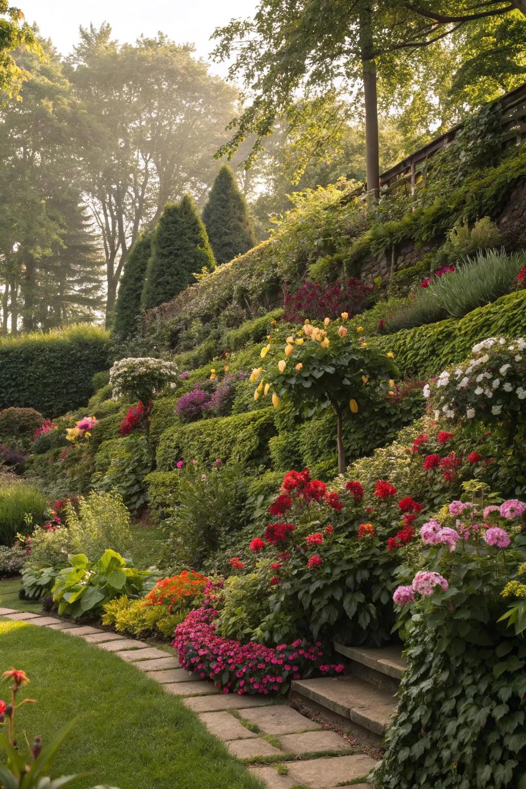 A diverse mix of plants forms a natural privacy screen.