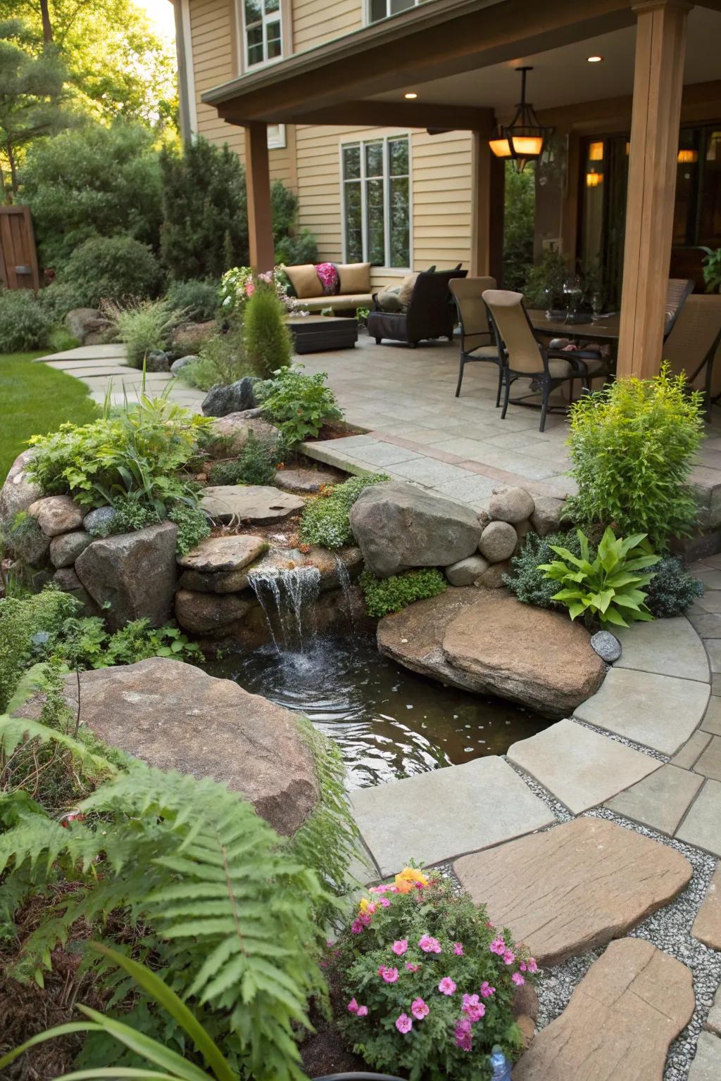 A water feature adds a soothing element to your patio.