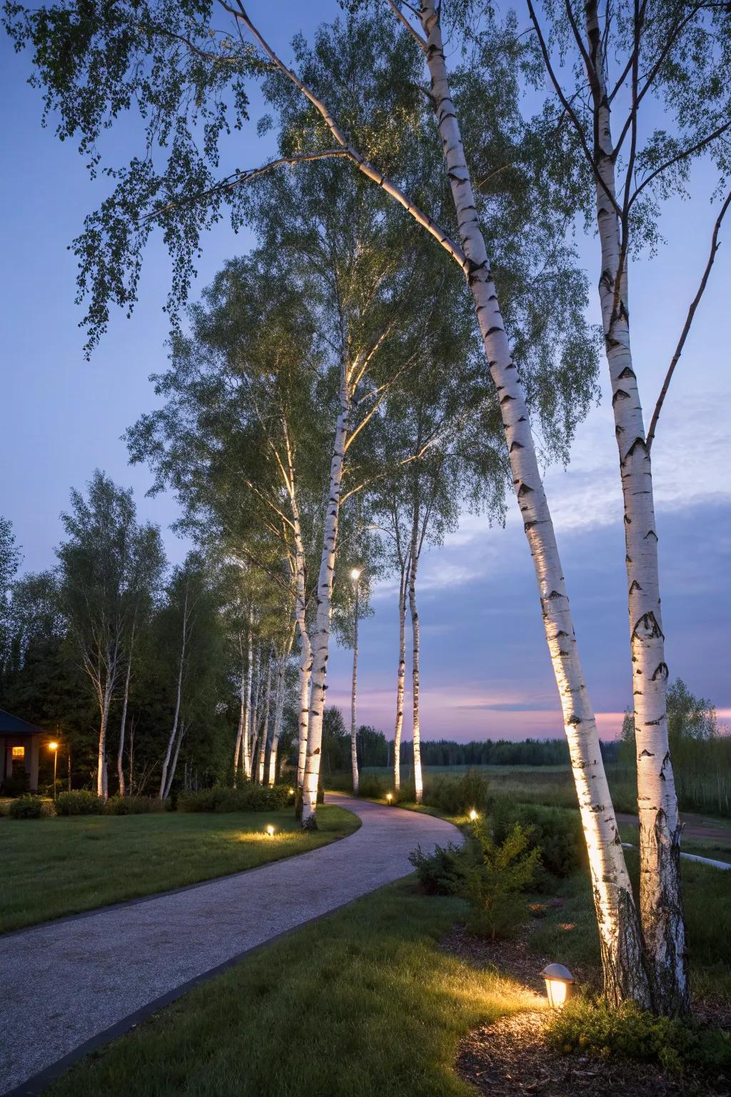 Lighting transforms your birch trees into stunning night-time features.