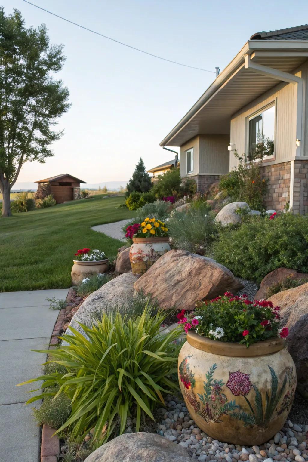 Decorative boulders and planters add character to this stylish front yard.