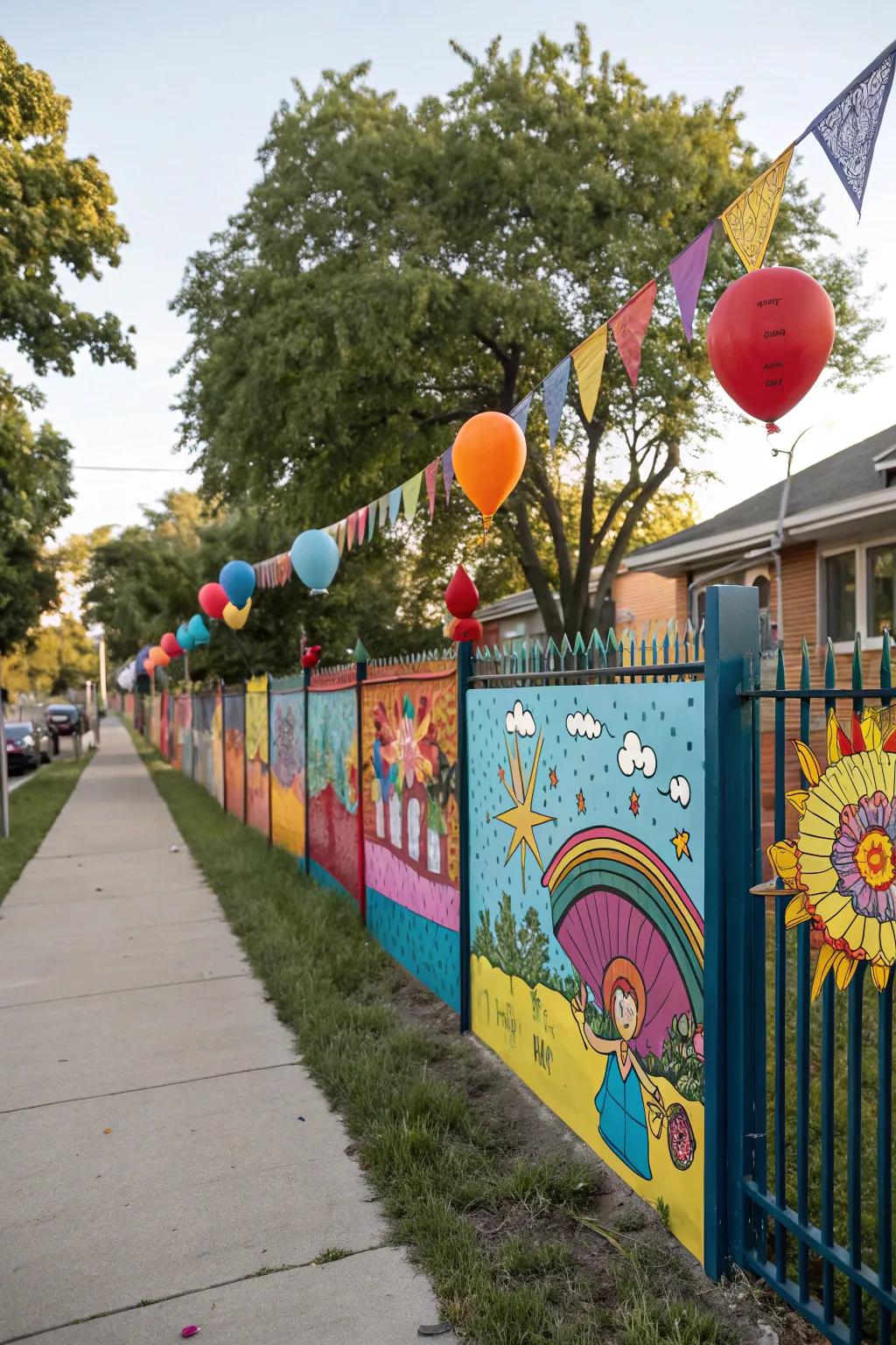 An artistic mural and themed decorations add personality to the fence.