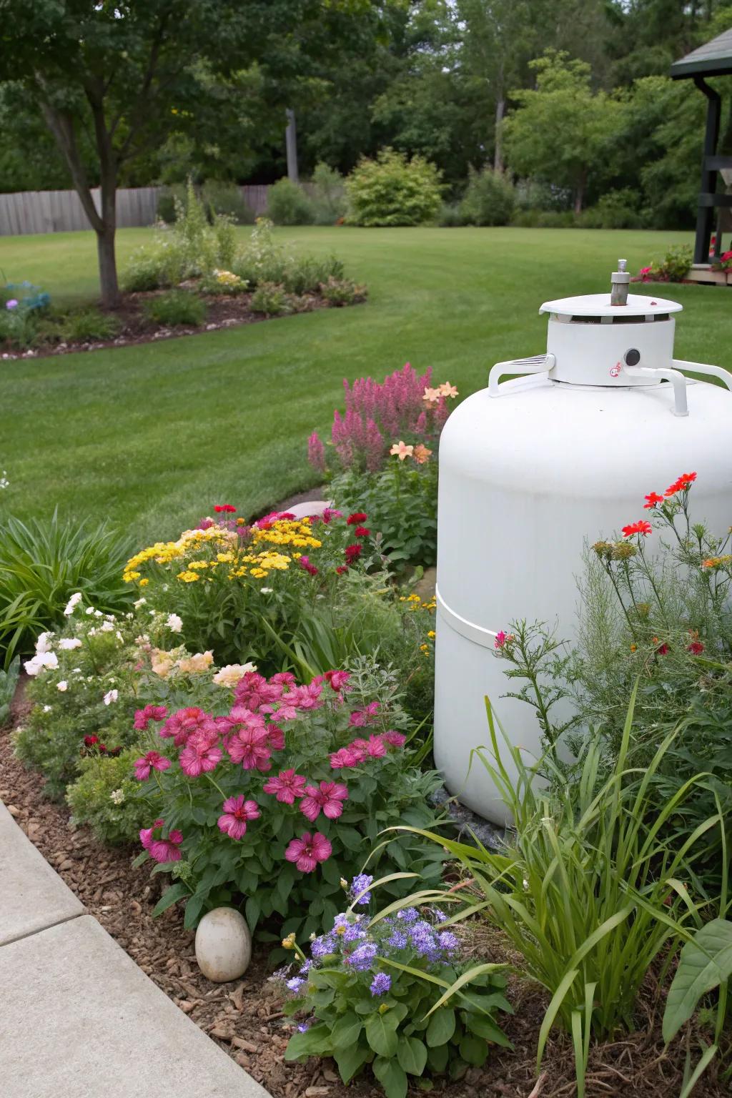A flower bed creates a natural, colorful enclosure for your propane tank.