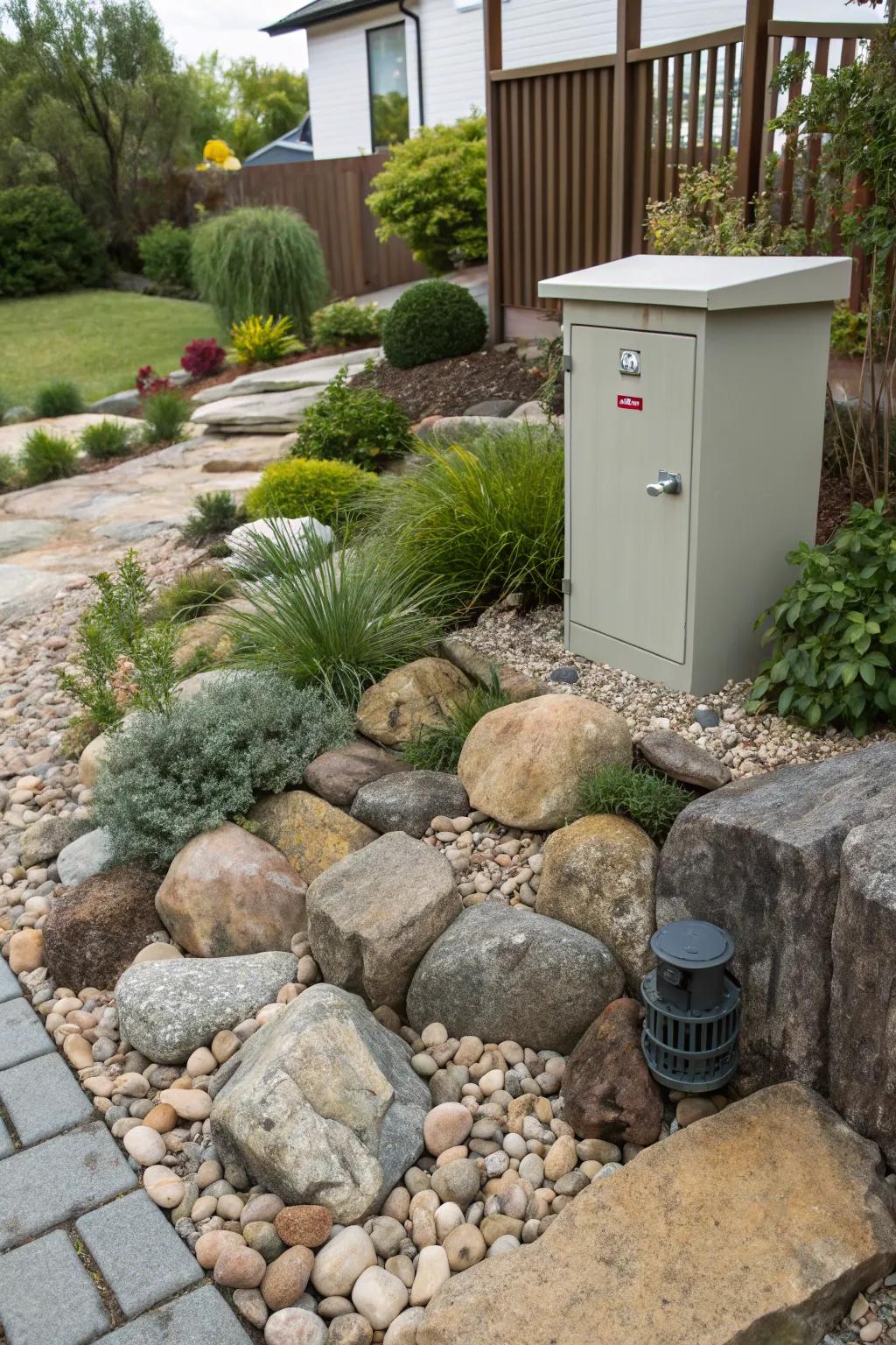 Rock gardens blend utility boxes into the landscape naturally.